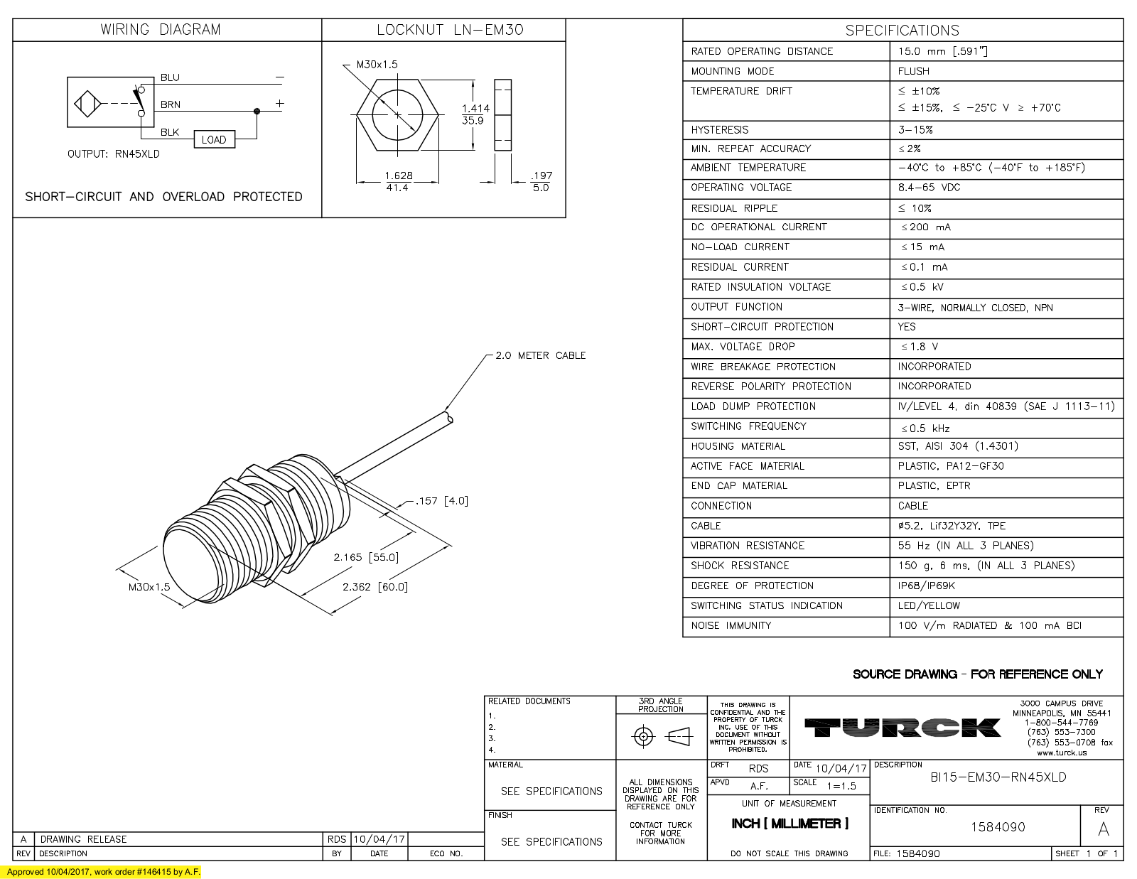 Turck BI15-EM30-RN45XLD Data Sheet