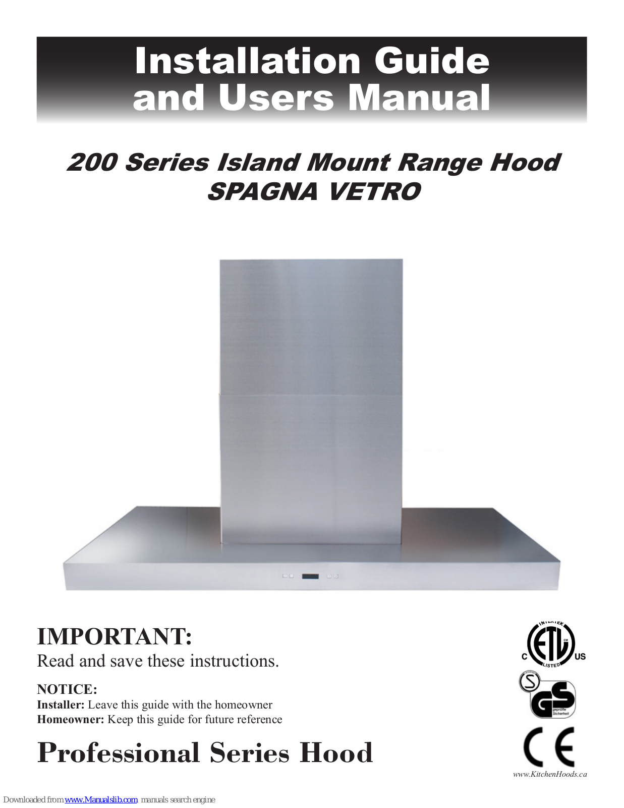 Spagna Vetro 200 Series Installation Manual And User's Manual