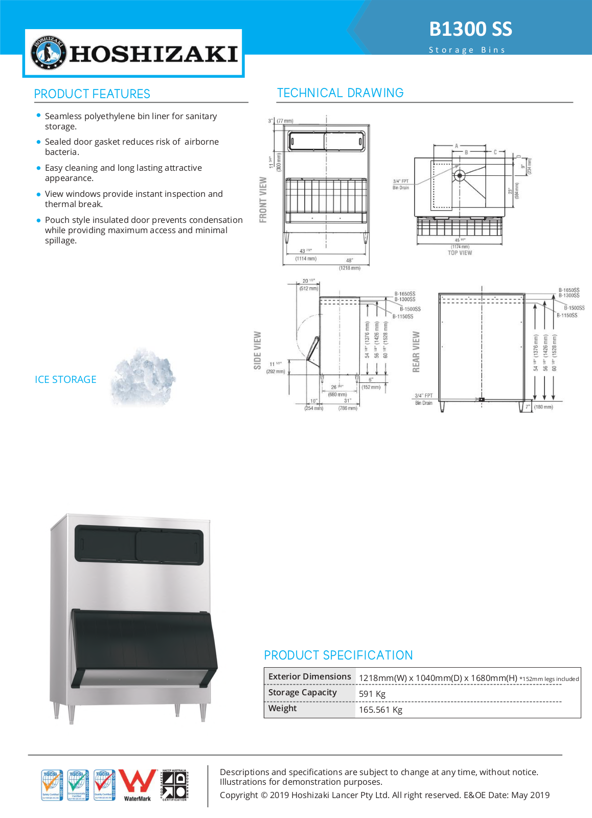 Hoshizaki B-1300SS Specifications Sheet