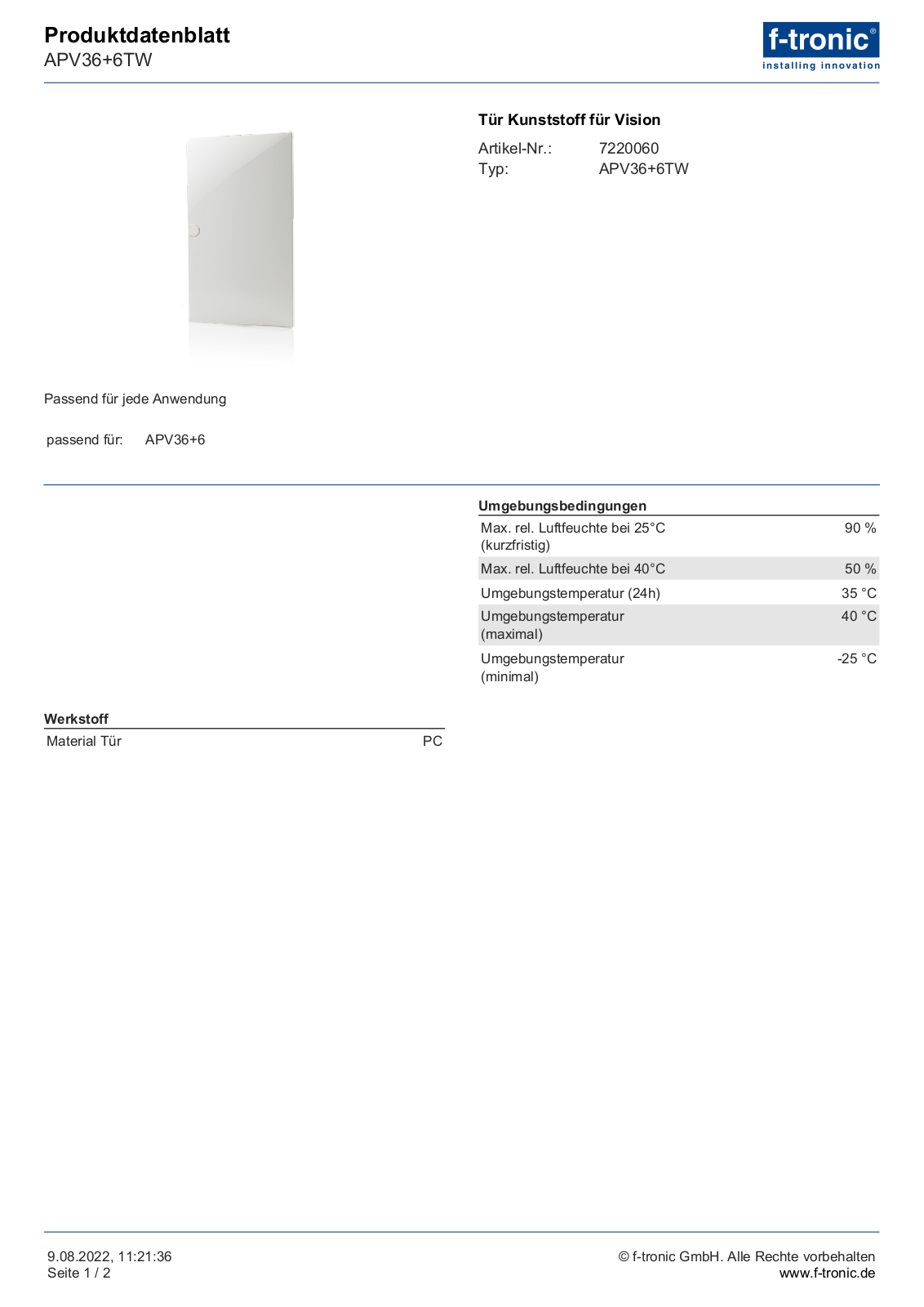 F-TRONIC APV 36+6 TW Datasheet - ManualMachine.com