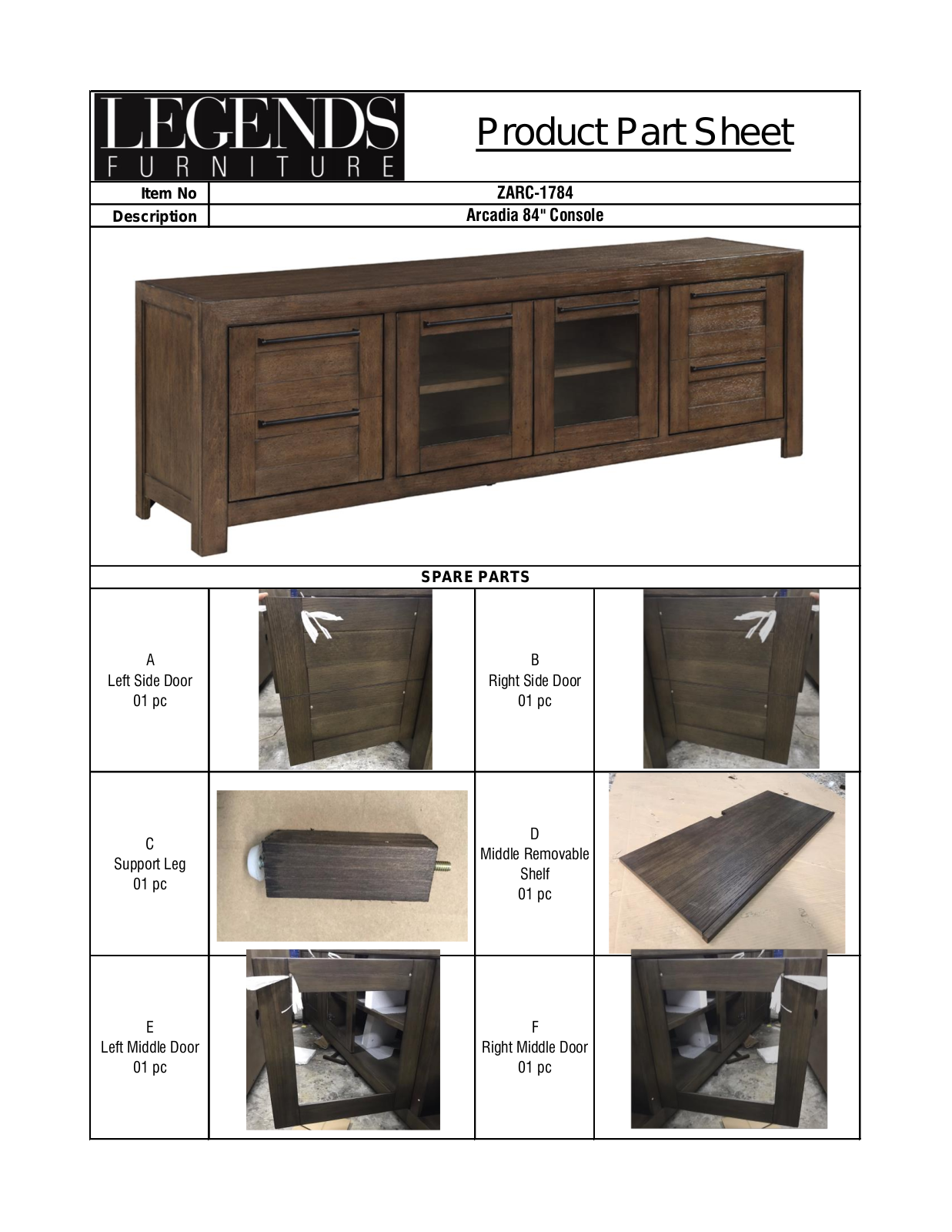 Legends Furniture ZARC-1784 Parts Sheet