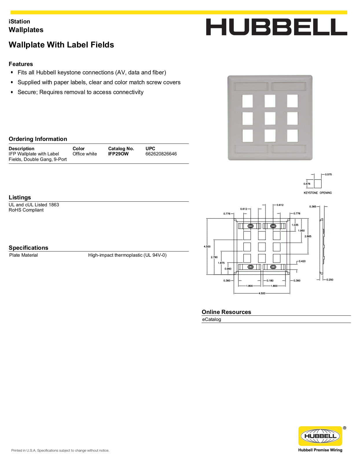 Hubbell IFP29OW Specifications