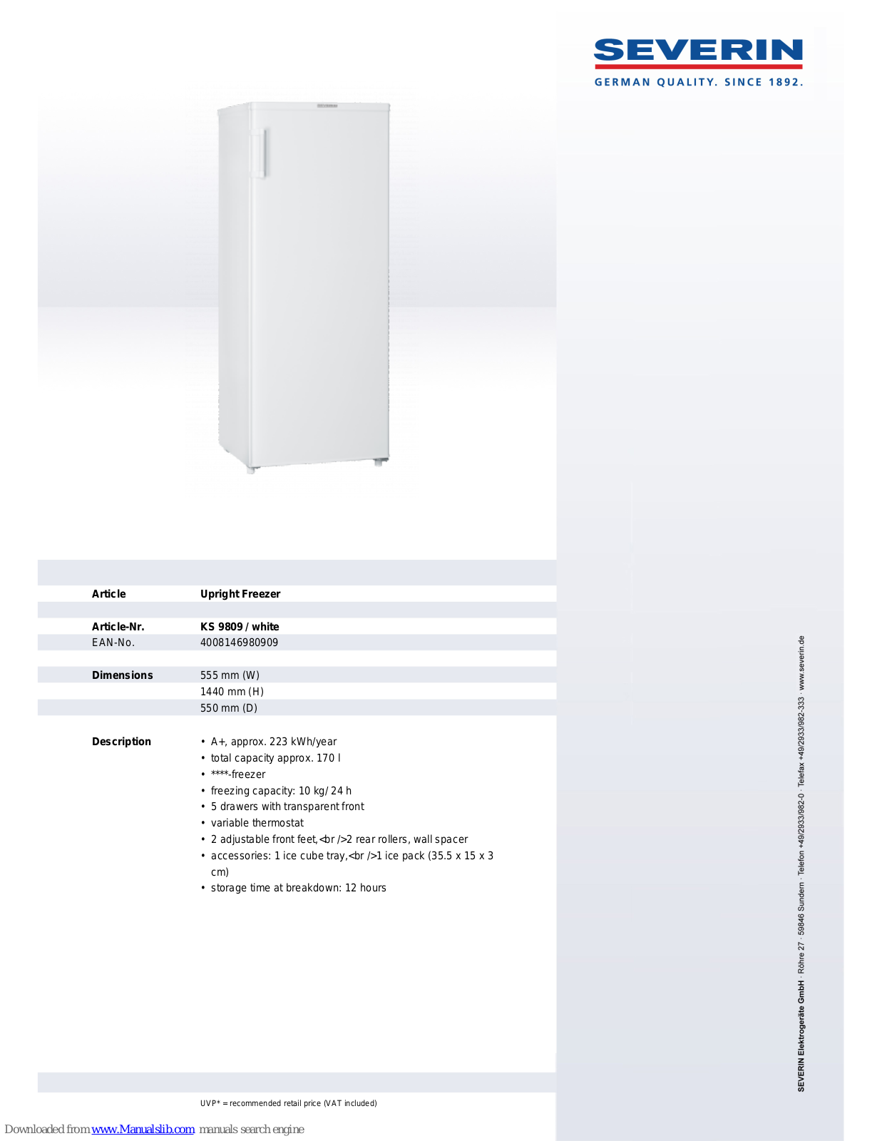 SEVERIN KS 9809, UPRIGHT FREEZER - DATASHEET 2 Dimensions