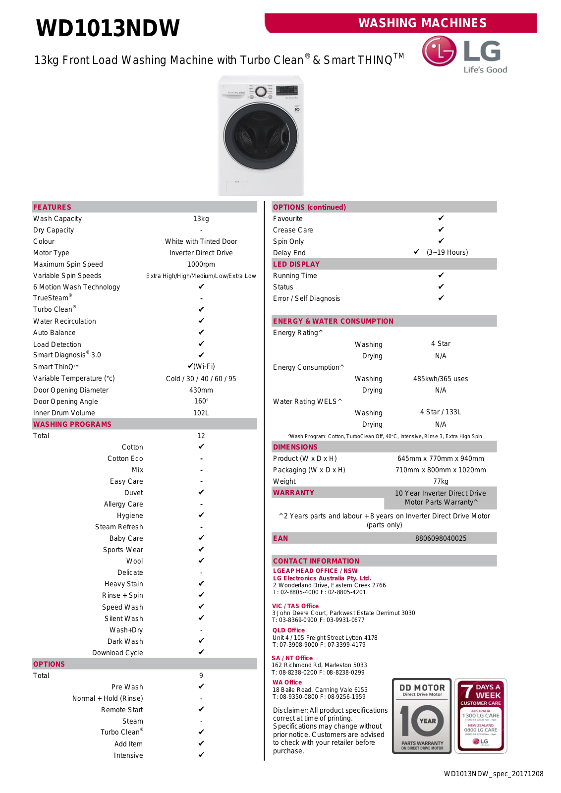 LG WD1013NDW Specifications Sheet