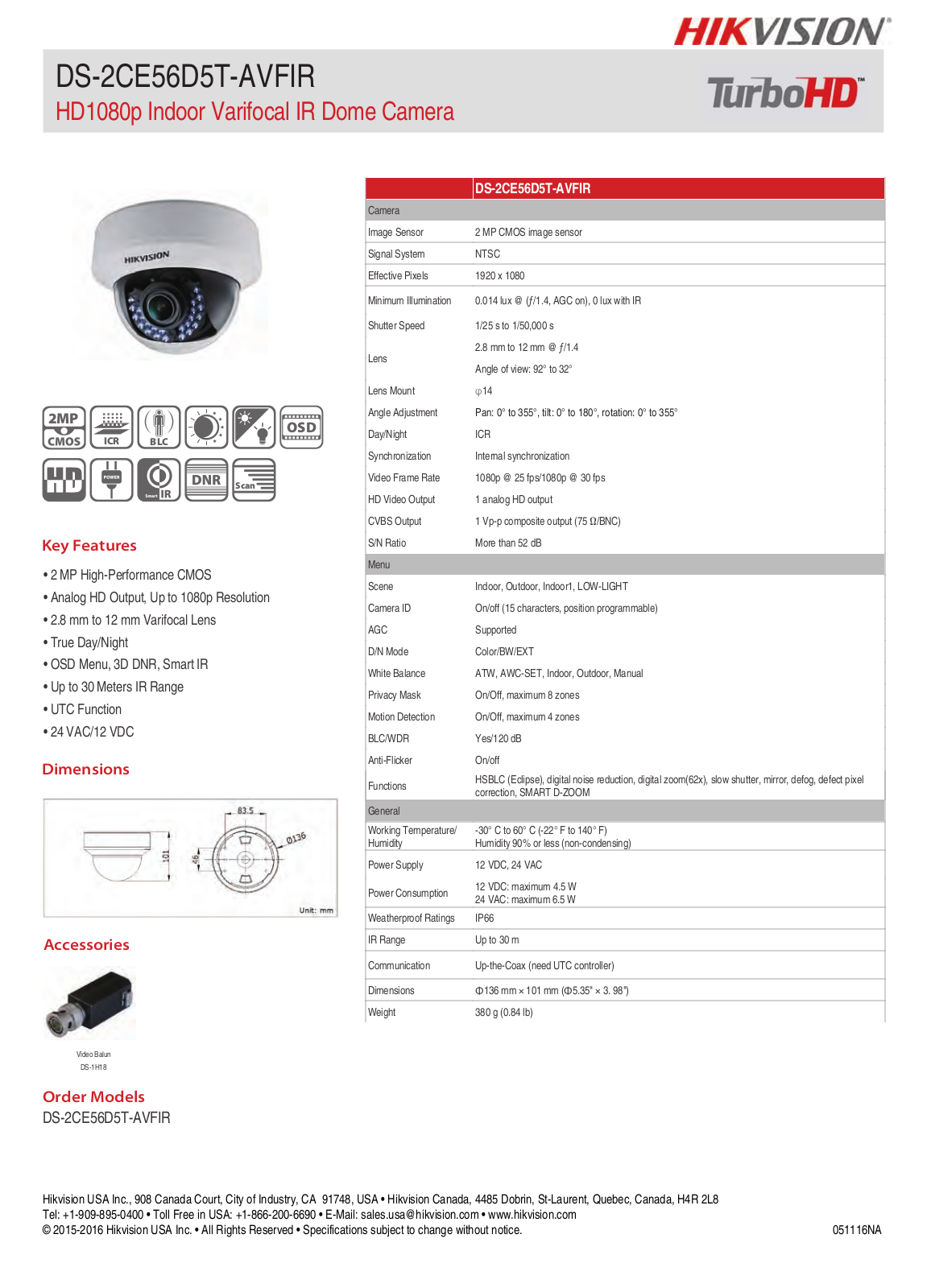 Hikvision DS-2CE56D5T-AVFIR Specsheet