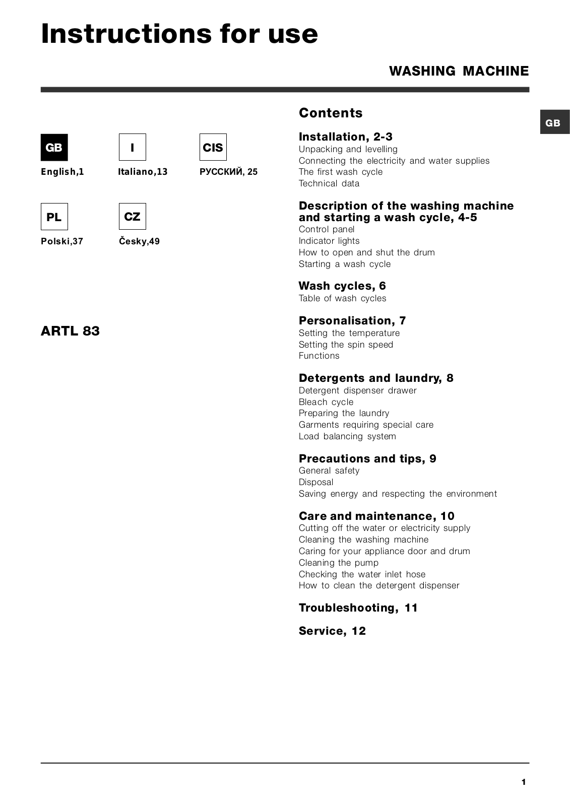 ARISTON ARTL 83 User Manual