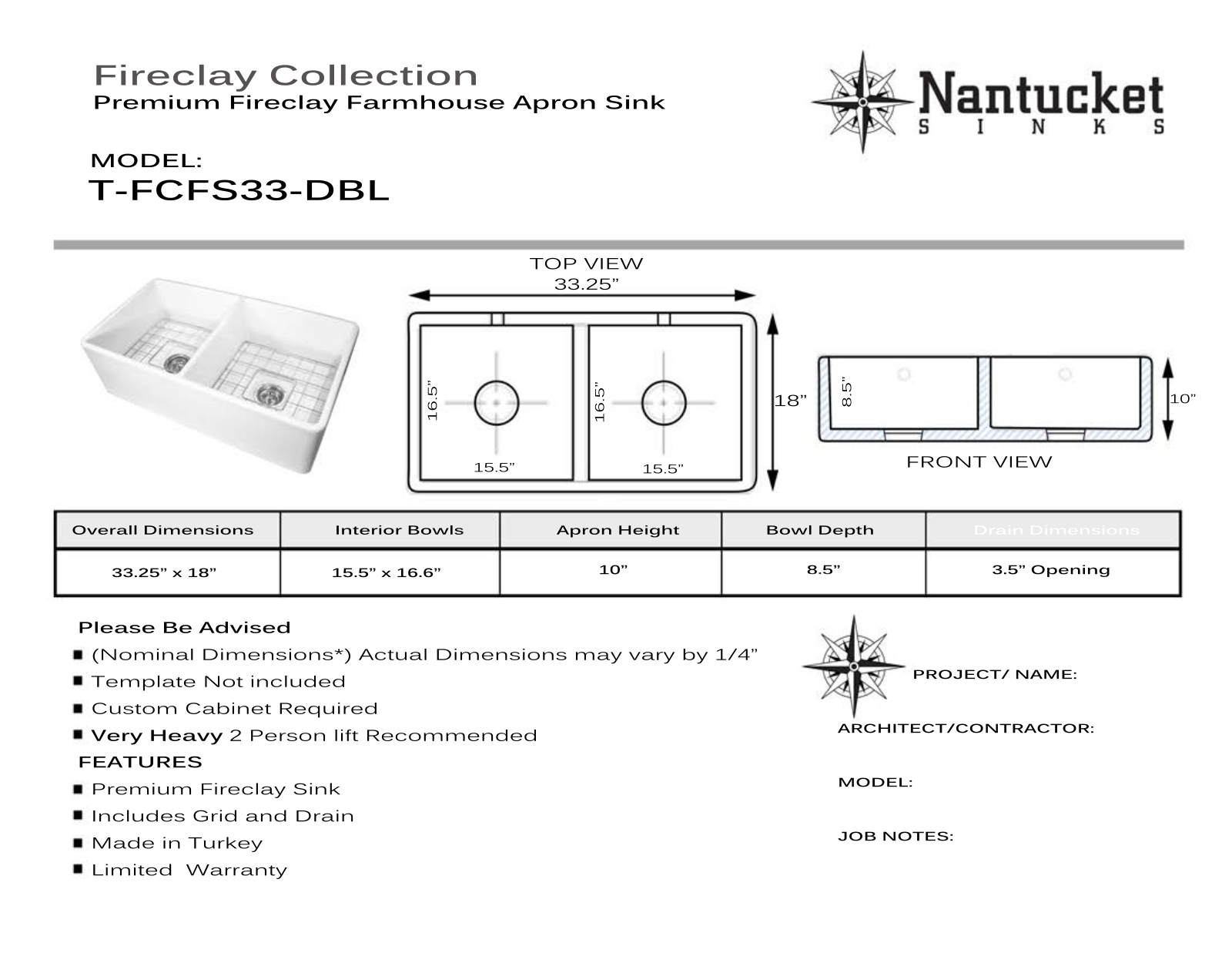 Nantucket Sinks TFCFS33 Specs