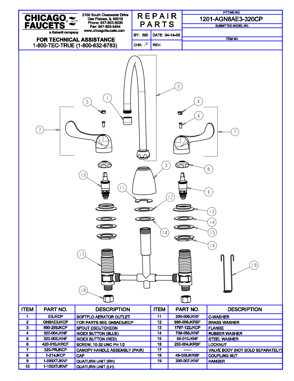 Chicago Faucet 1201-AGN8AE3-320 Parts List