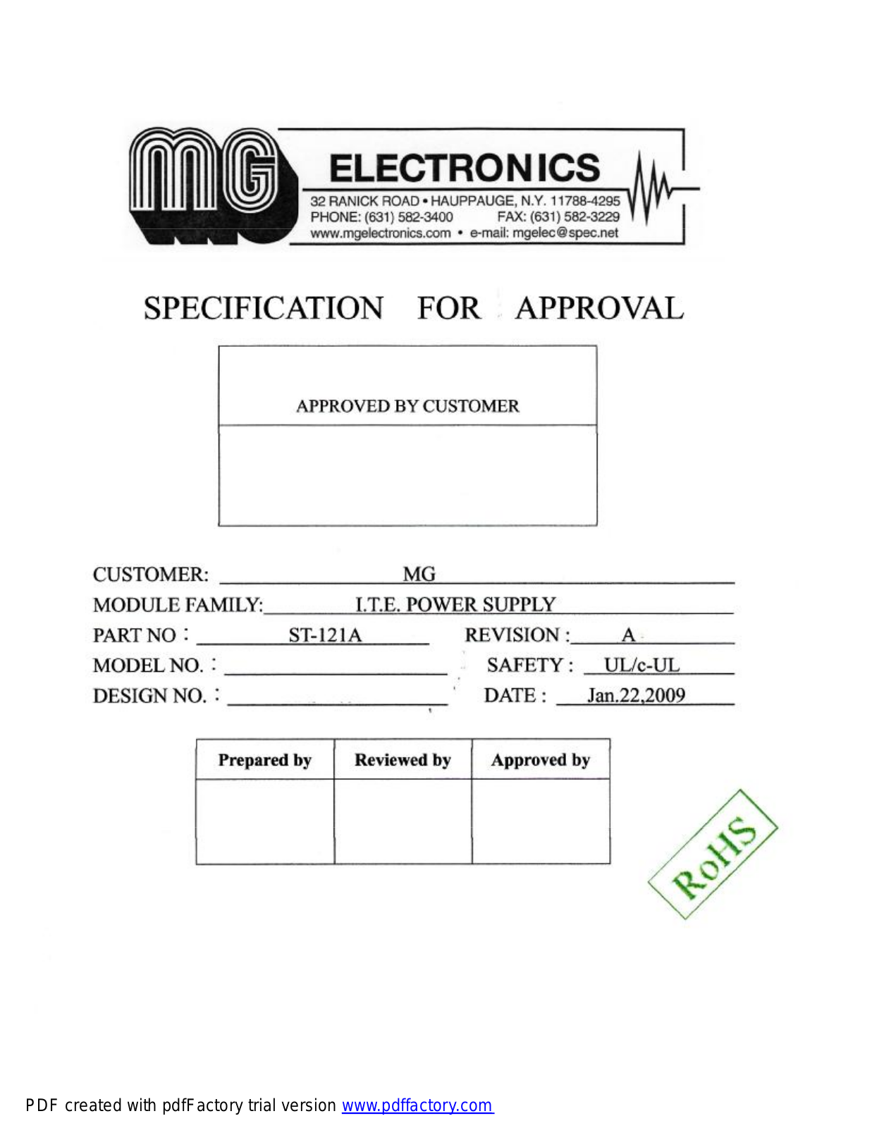 MG Electronics ST-121A Specsheet