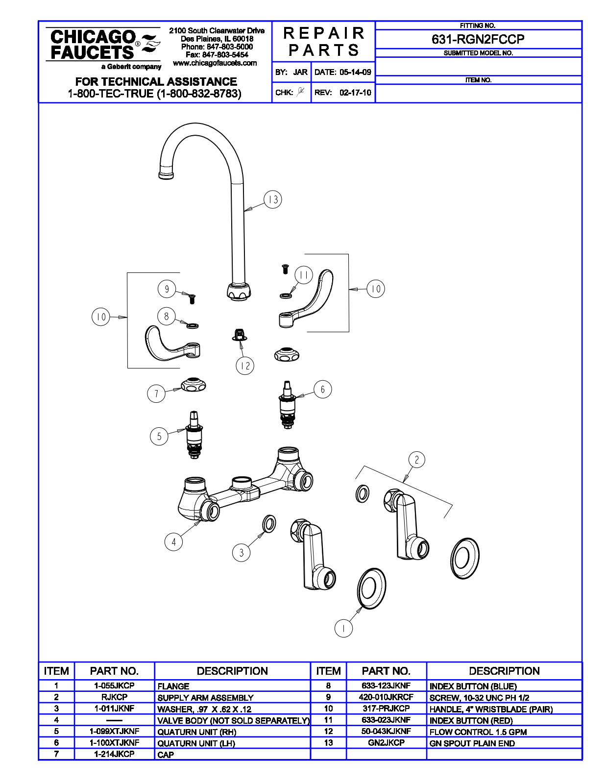 Chicago Faucet 631-RGN2FCCP Parts List