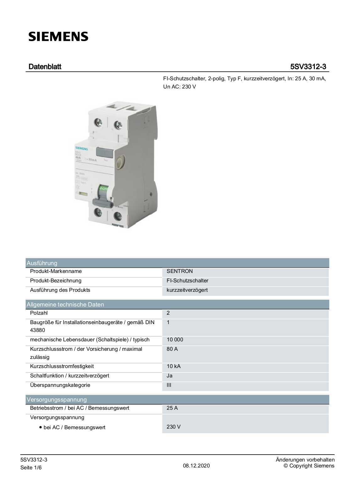 Siemens 5SV3312-3 Datenblatt