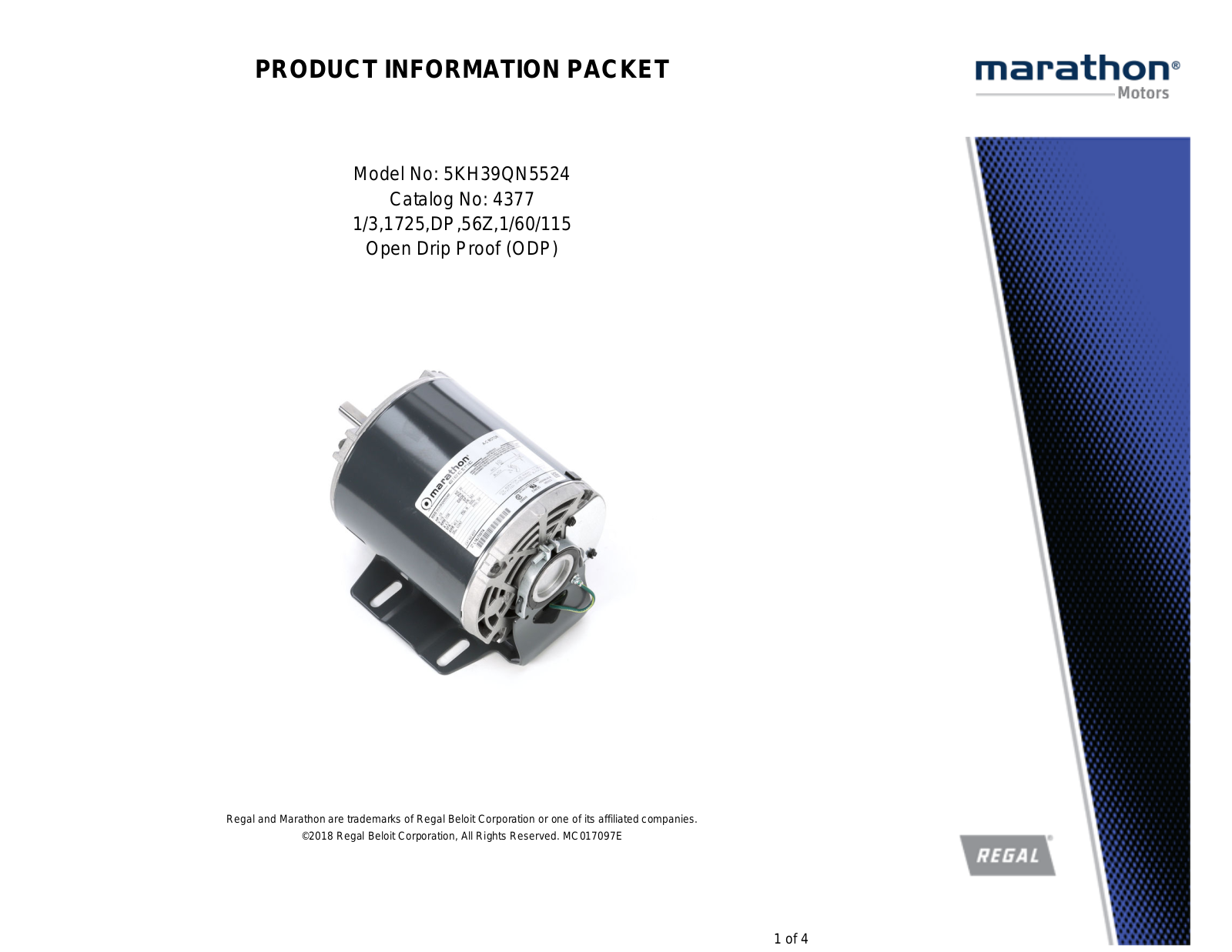 Marathon Electric 5KH39QN5524 Product Information Packet