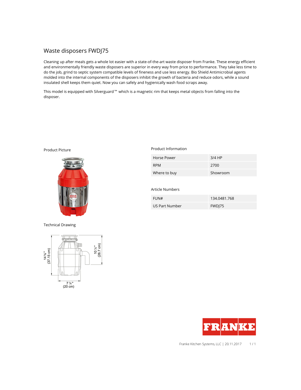 Franke FWDJ75 Specification Sheet