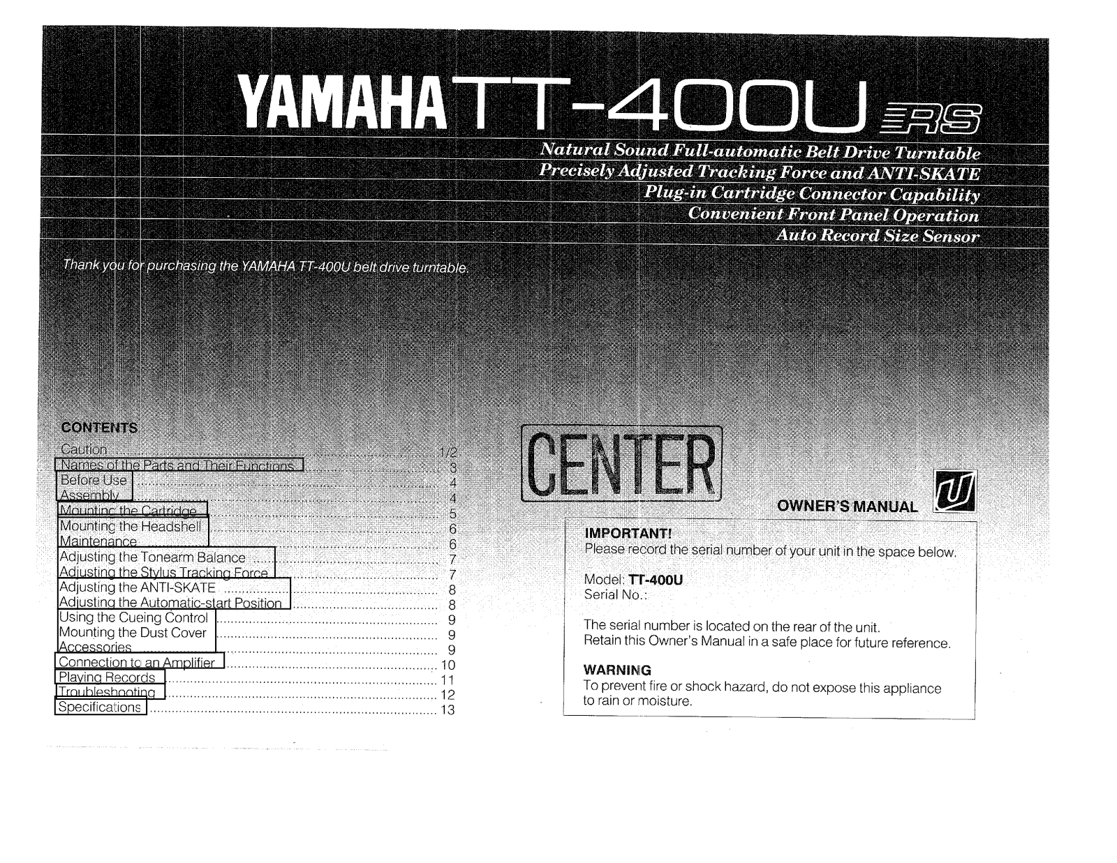 Yamaha TT-400-U Owners manual