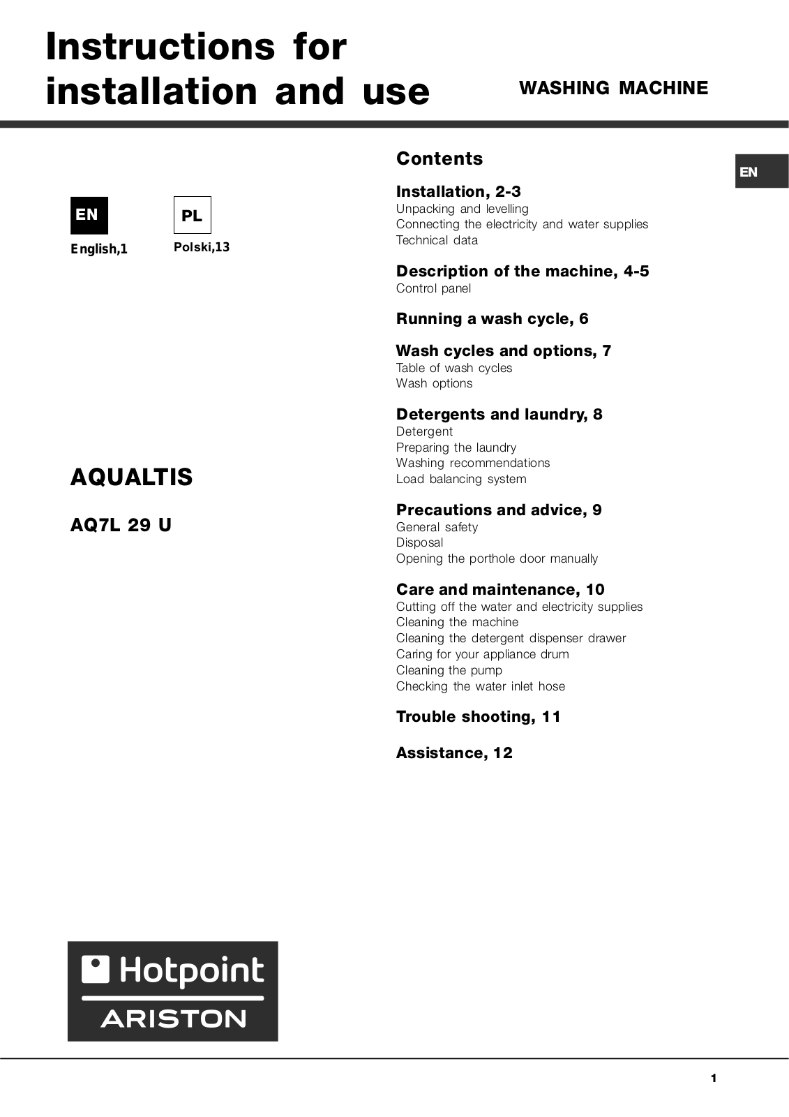 Hotpoint AQ7L 29 U User Manual