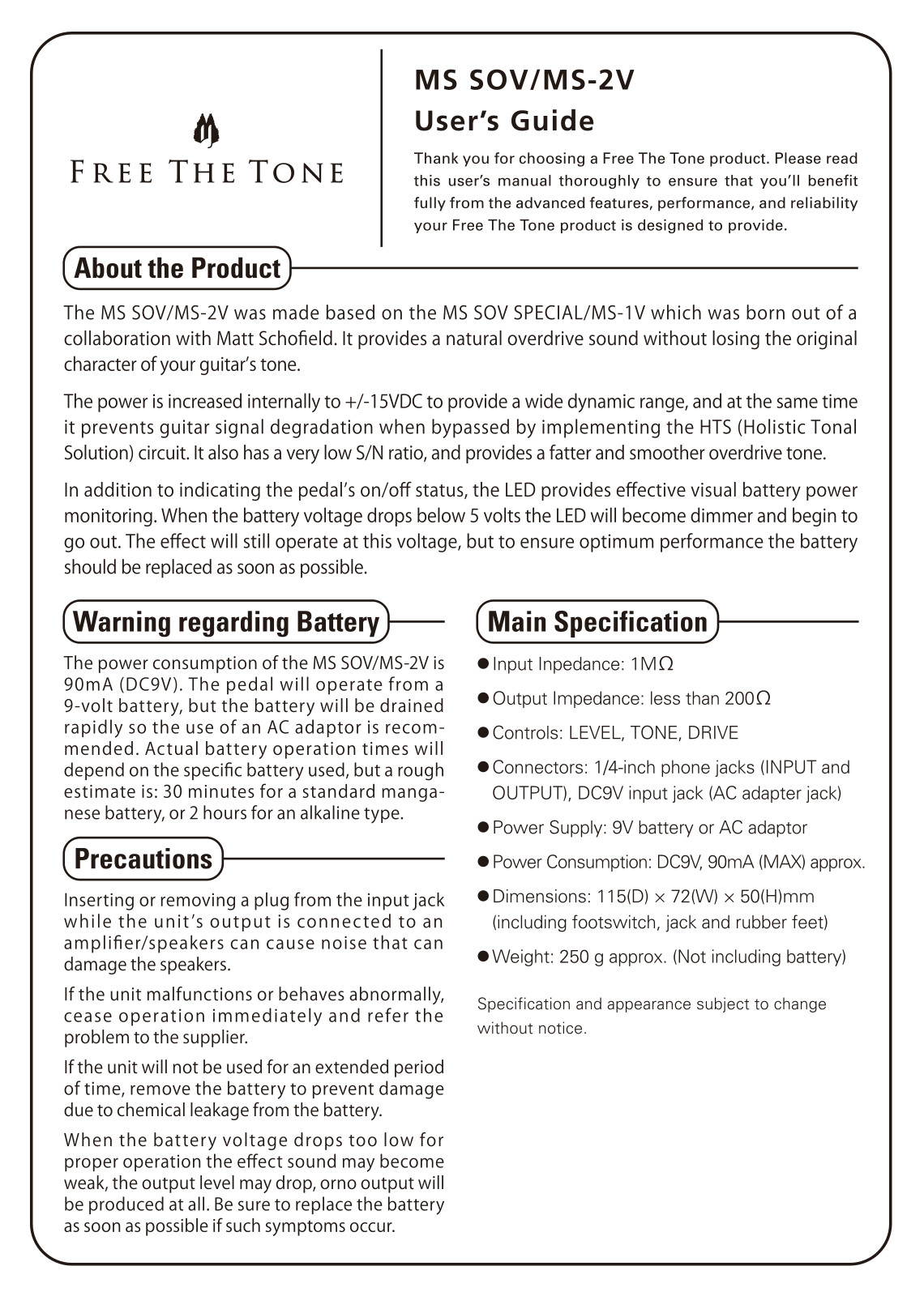 Free The Tone MS SOV, MS-2V User Manual