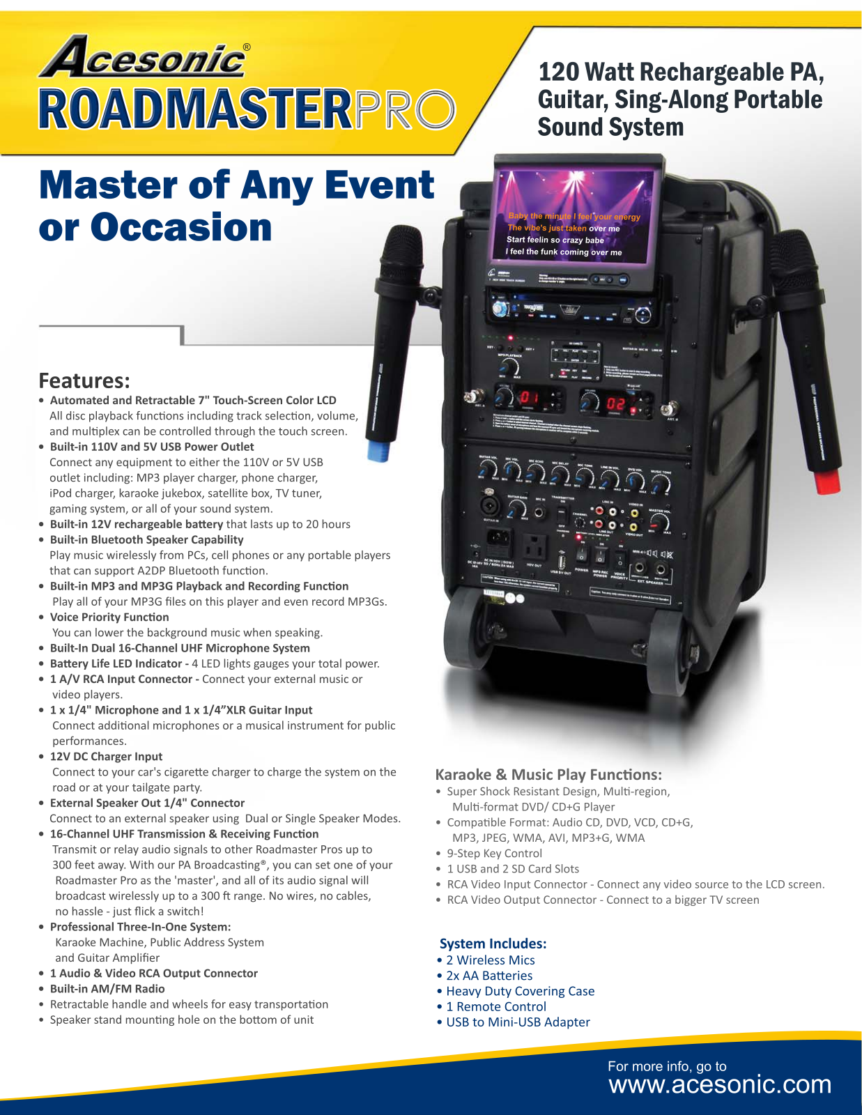 Acesonic ROADMASTERPRO Datasheet