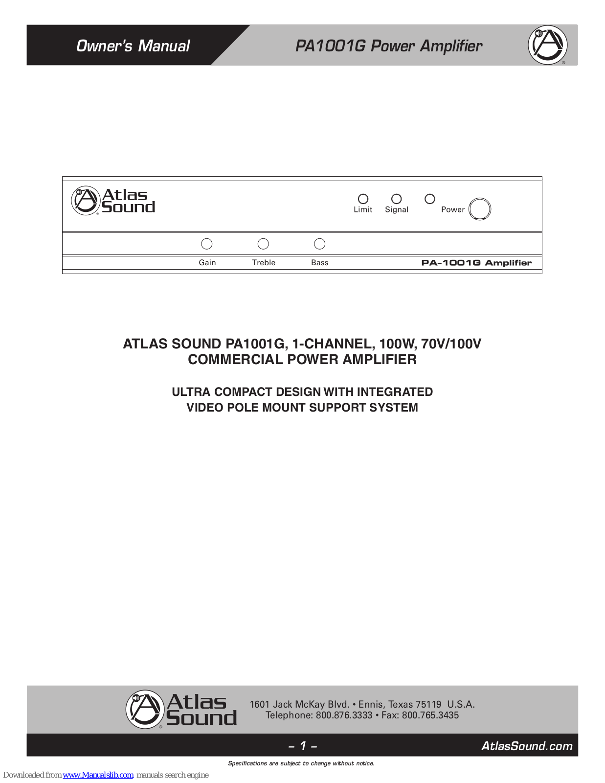 Atlas PA1001G Owner's Manual