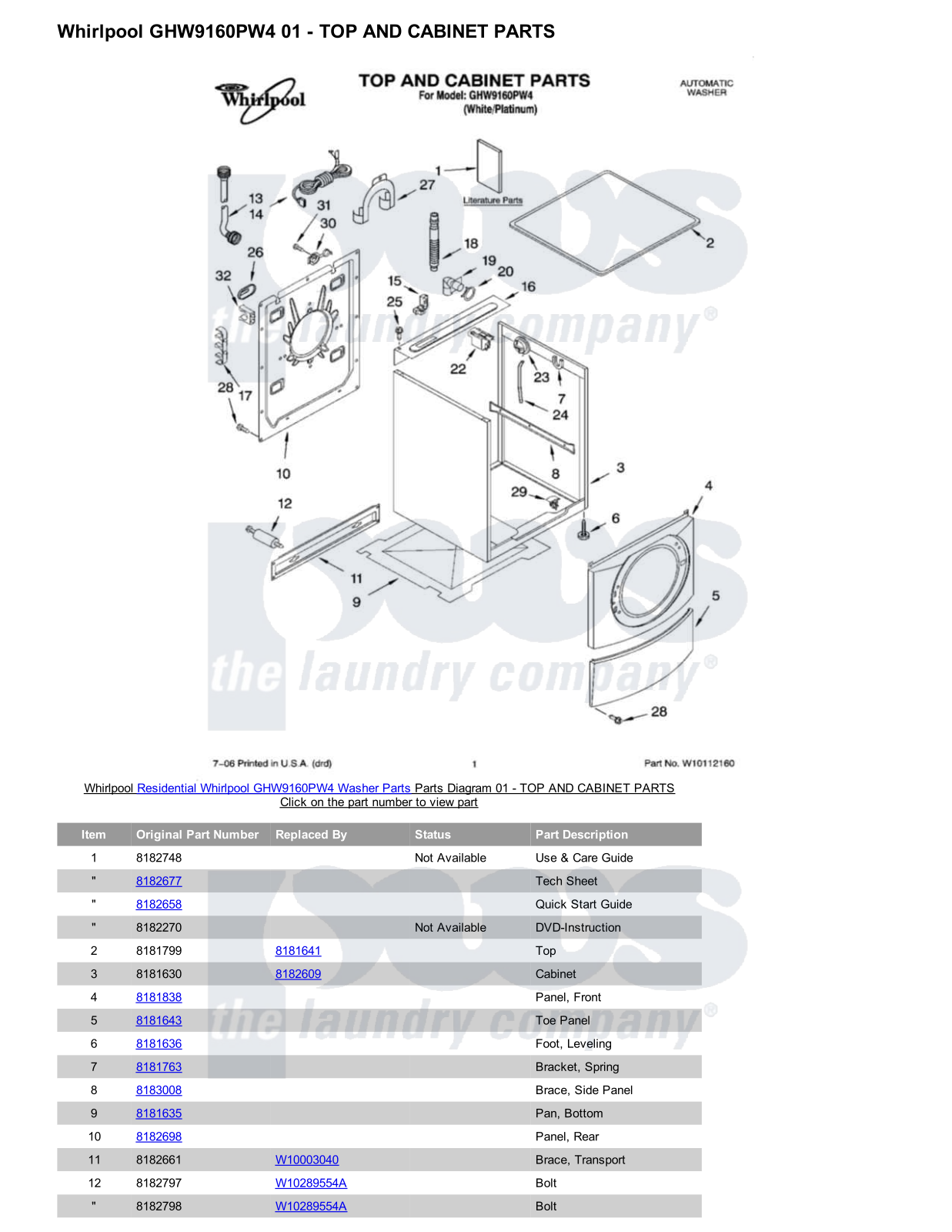 Whirlpool GHW9160PW4 Parts Diagram