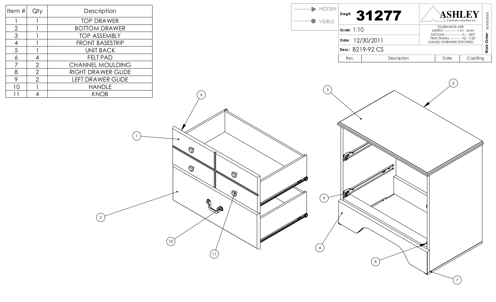 Ashley B21992 Part List