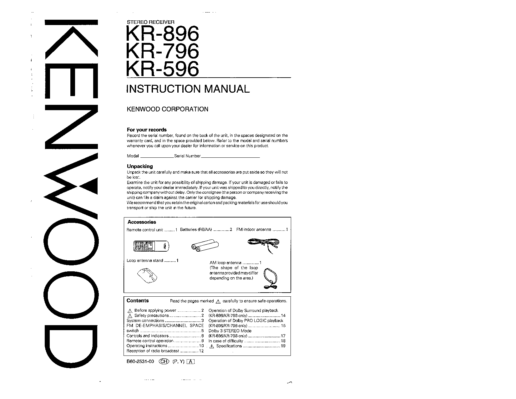 Kenwood KR-796, KR-596, KR-896 User Manual