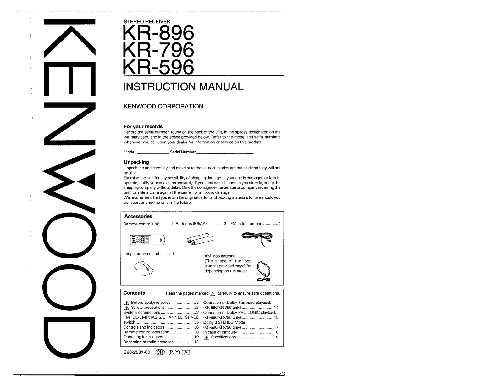 Kenwood KR-796, KR-596, KR-896 User Manual