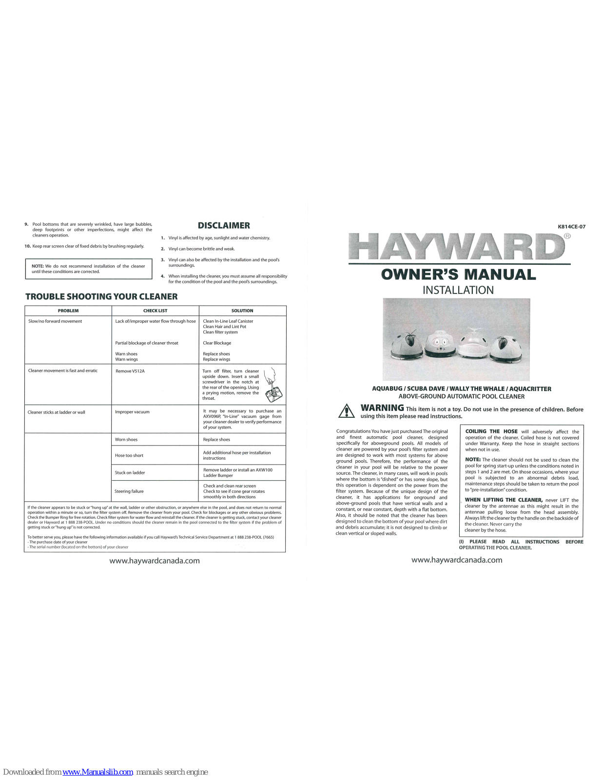 Hayward AQUABUG, SCUBA DAVE, AQUACRITTER, WALLY THE WHALE Owner's Manual