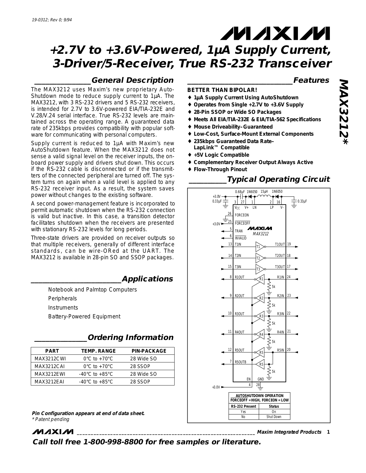 Maxim MAX3212EAI, MAX3212CWI, MAX3212CAI, MAX3212EWI Datasheet