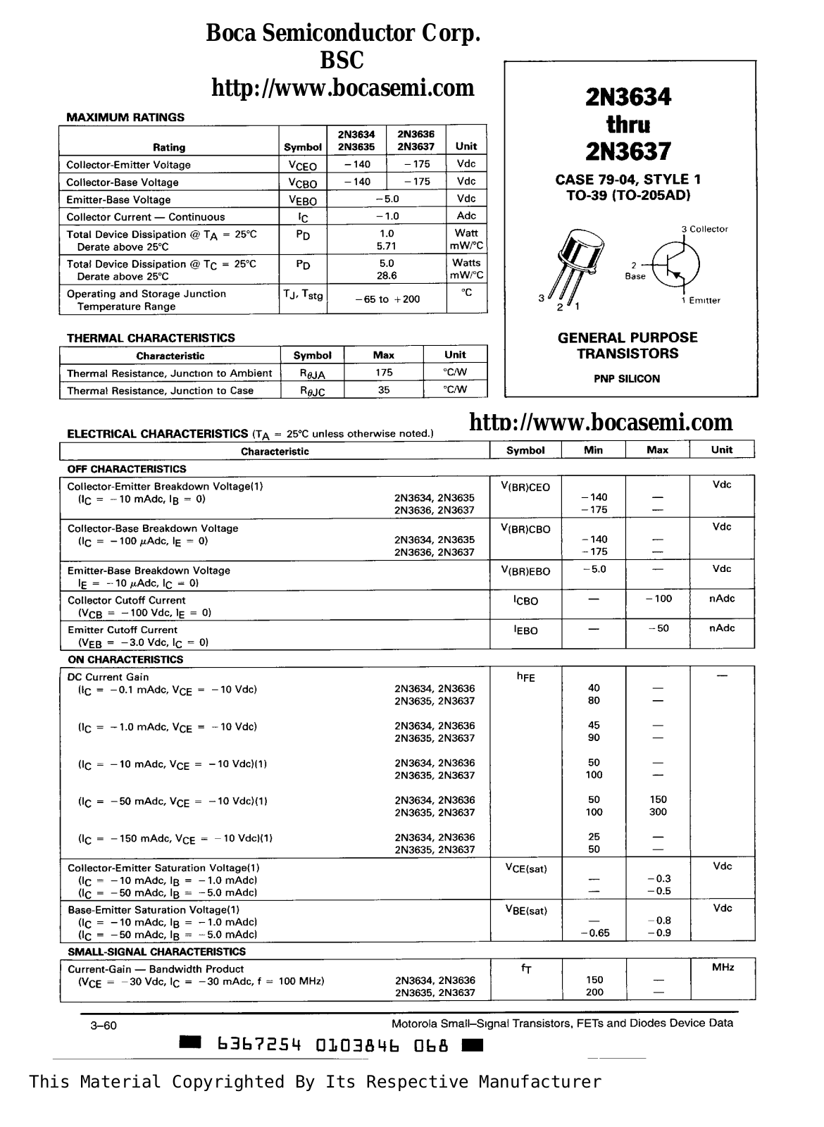 BOCA 2N3637, 2N3636, 2N3635, 2N3634 Datasheet