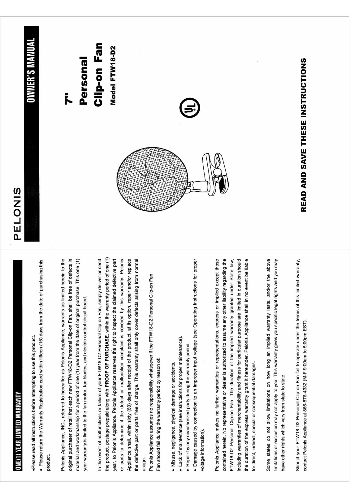 Pelonis FTW18-D2 User Manual