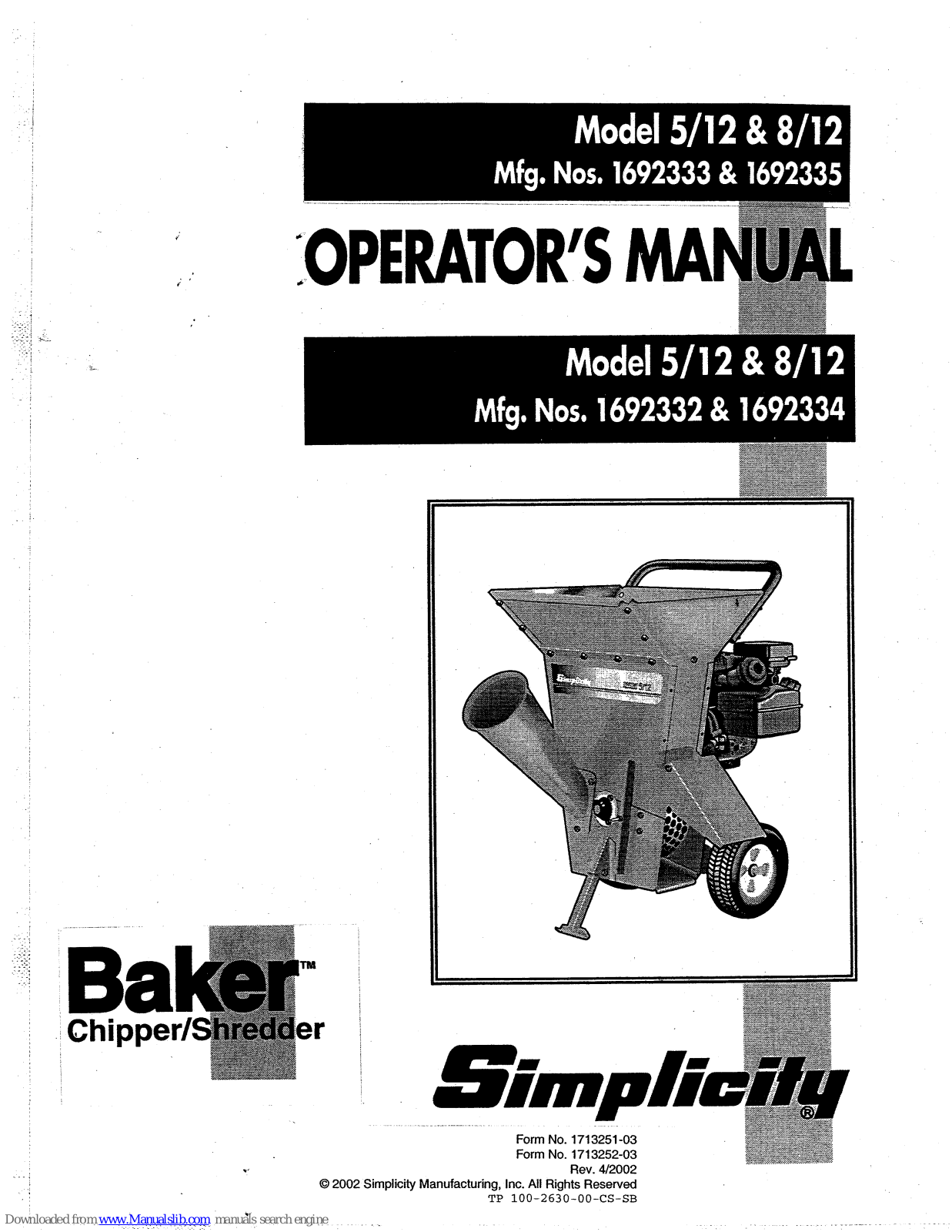 Simplicity Baker 8/12, 1692332, 1692334 Operator's Manual