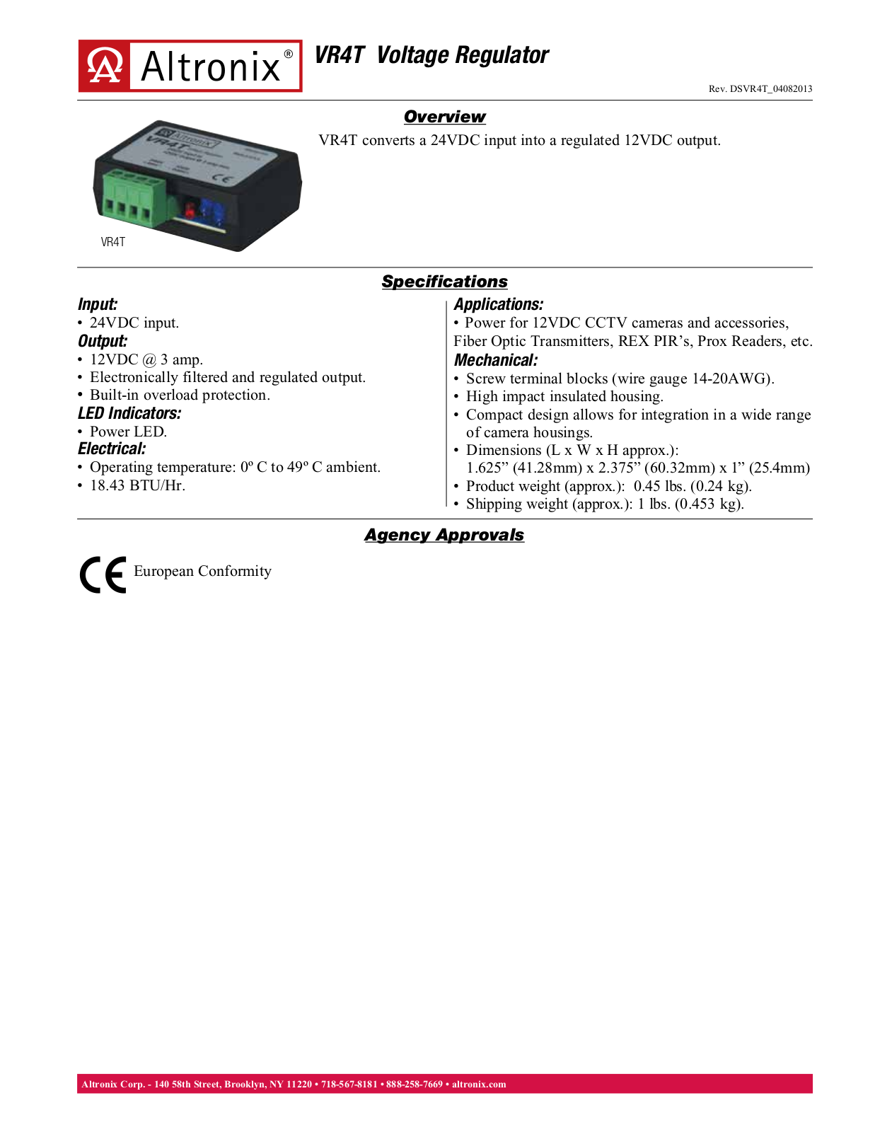 Altronix VR4T Specsheet