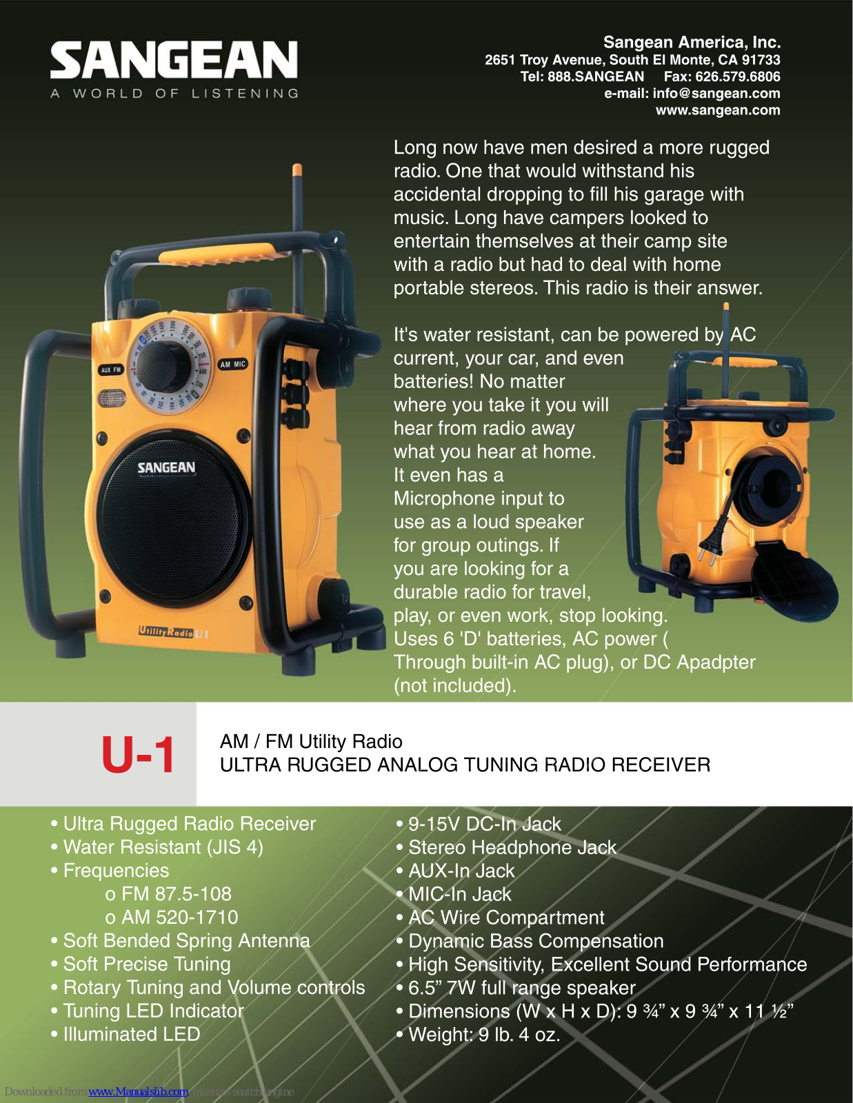 Sangean Utility Radio U-1 U-1, U-1 Specification Sheet