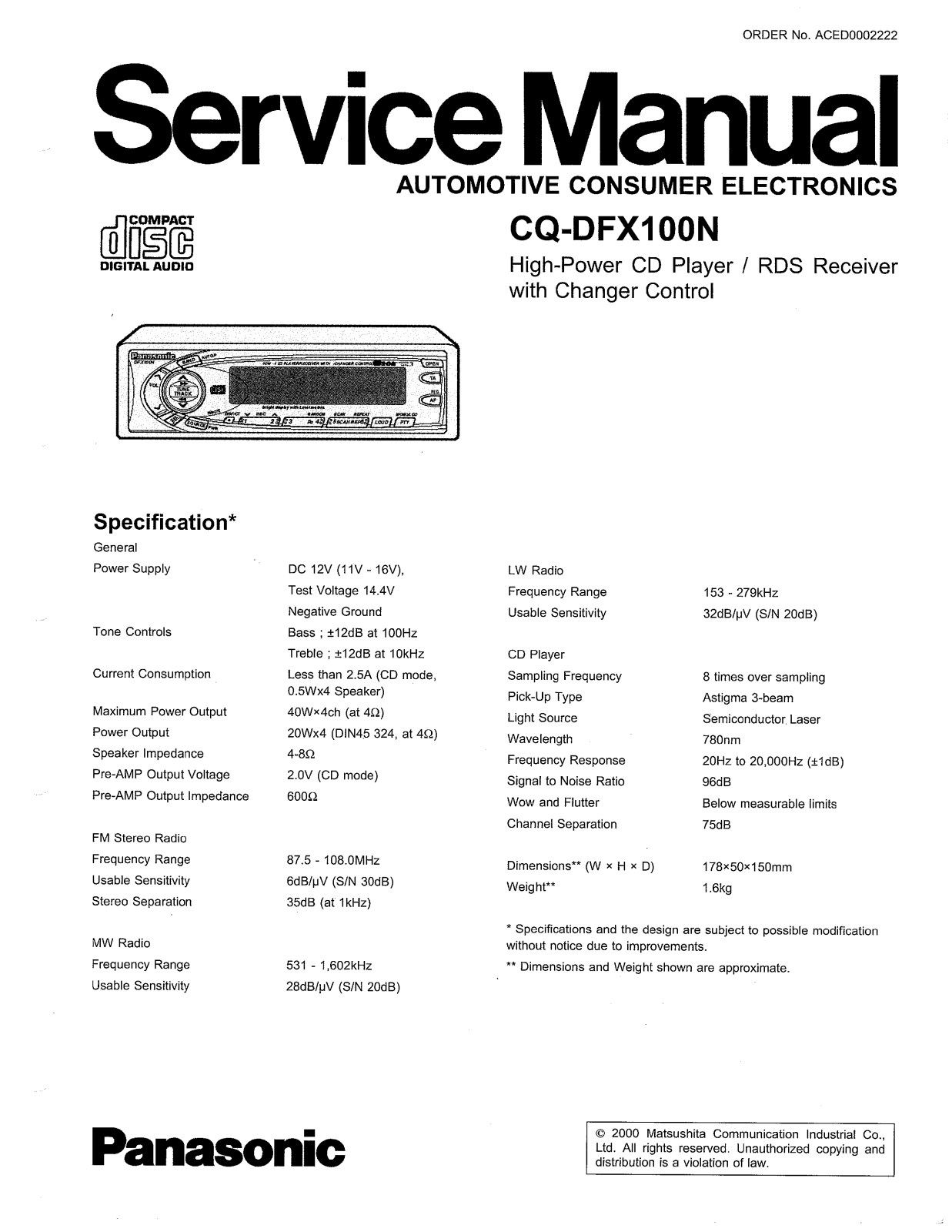 Panasonic CQDFX-100-N Service manual