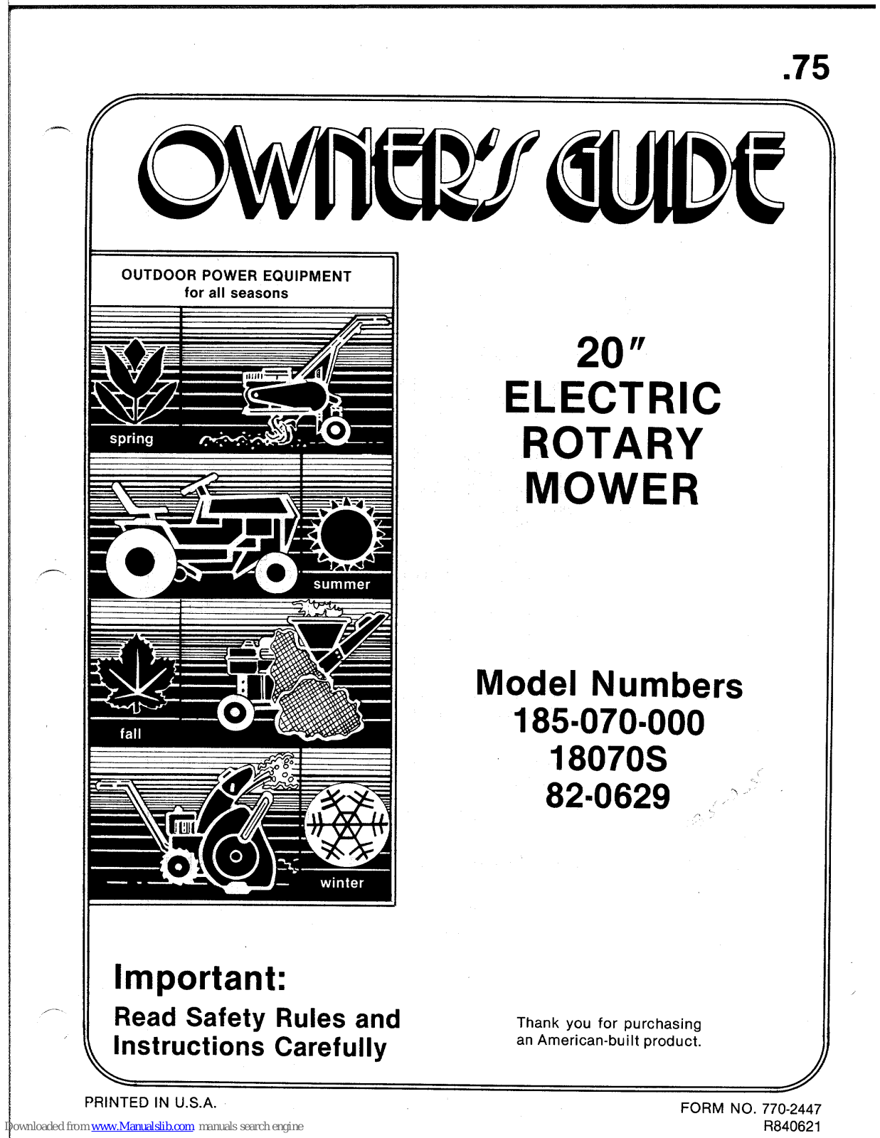 MTD 18070S, 185-070-000, 82-0629, 70 Owner's Manual