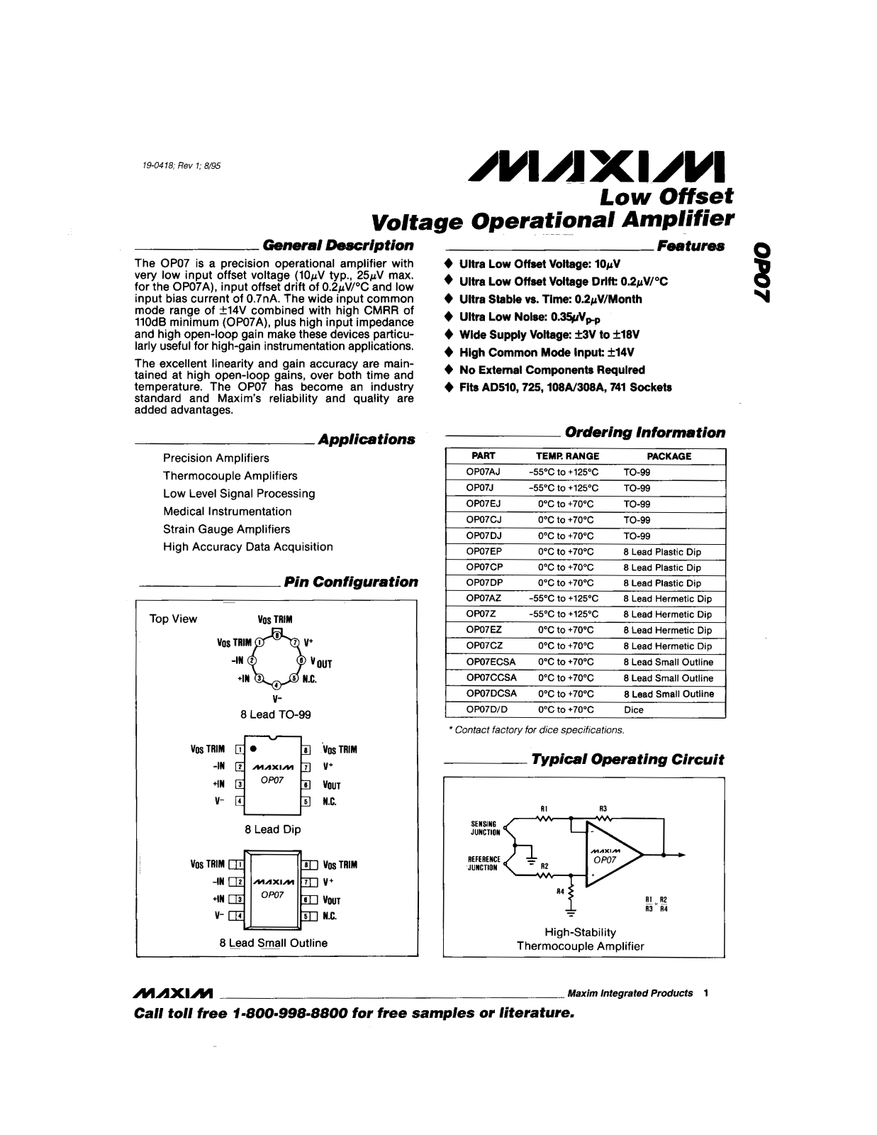 Maxim OP07CJ, OP07CZ, OP07Z, OP07EZ, OP07DJ Datasheet