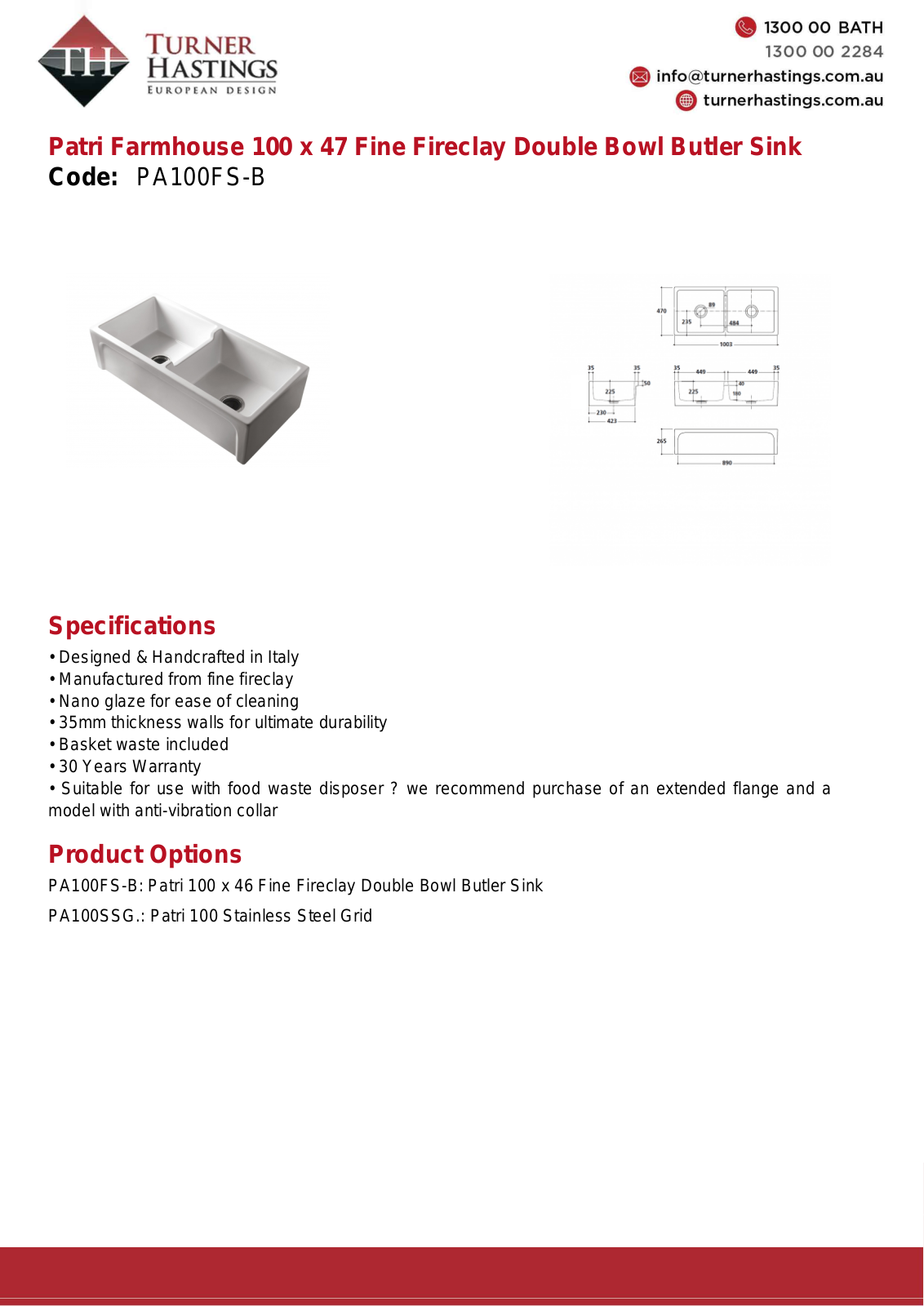 Turner Hastings PA100FS-B Specifications Sheet