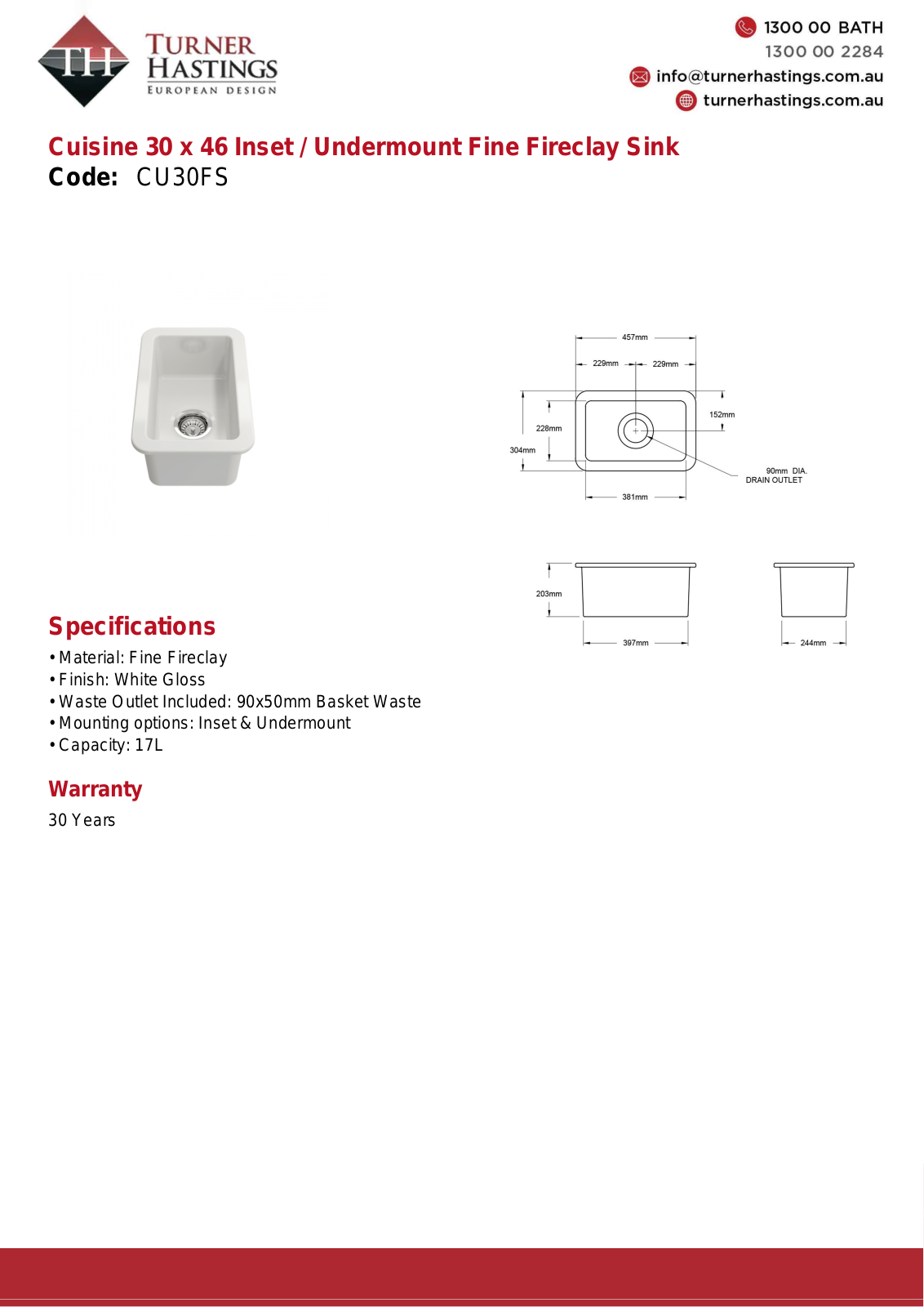 Turner Hastings CU30FS Specifications Sheet