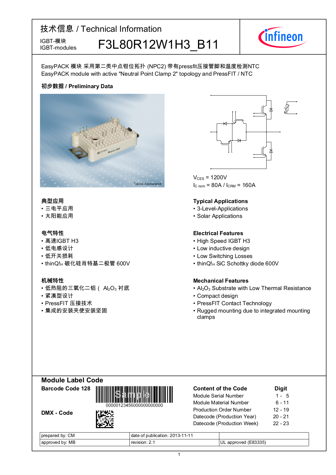 Infineon F3L80R12W1H3_B11 Data Sheet