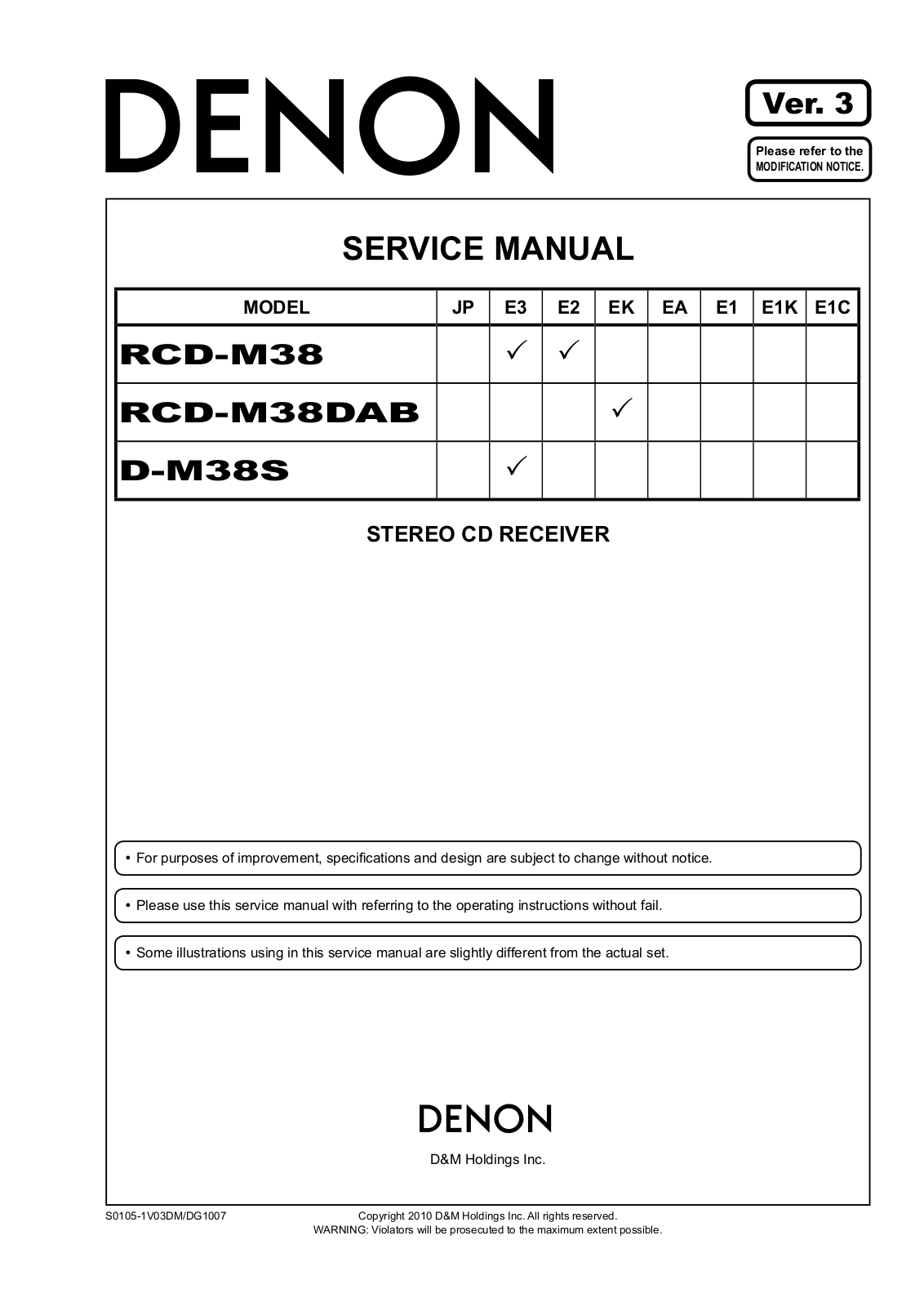 Denon RCD-M38, D-M38S Service Manual