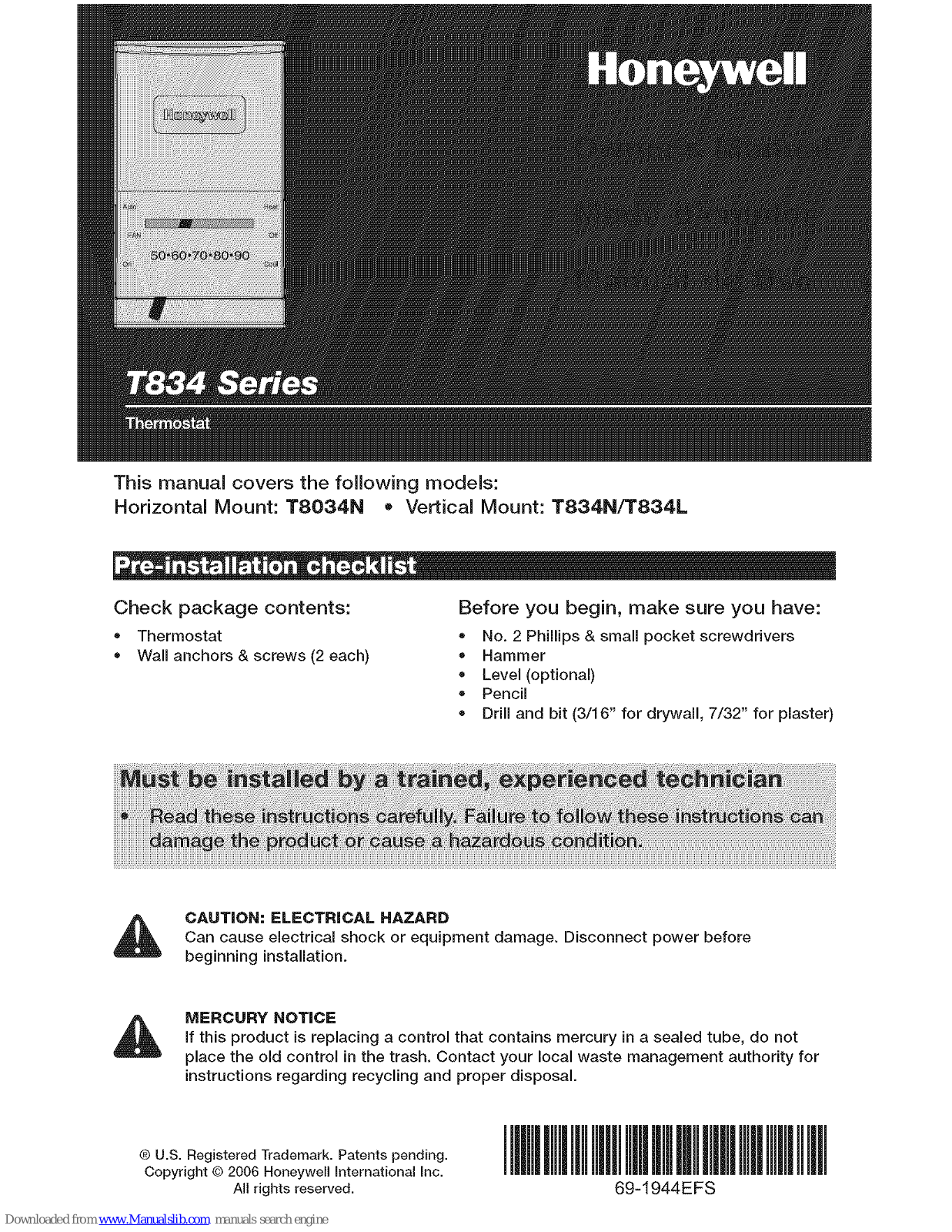 Honeywell T8034N, T834N, T834L User Manual - ManualMachine.com