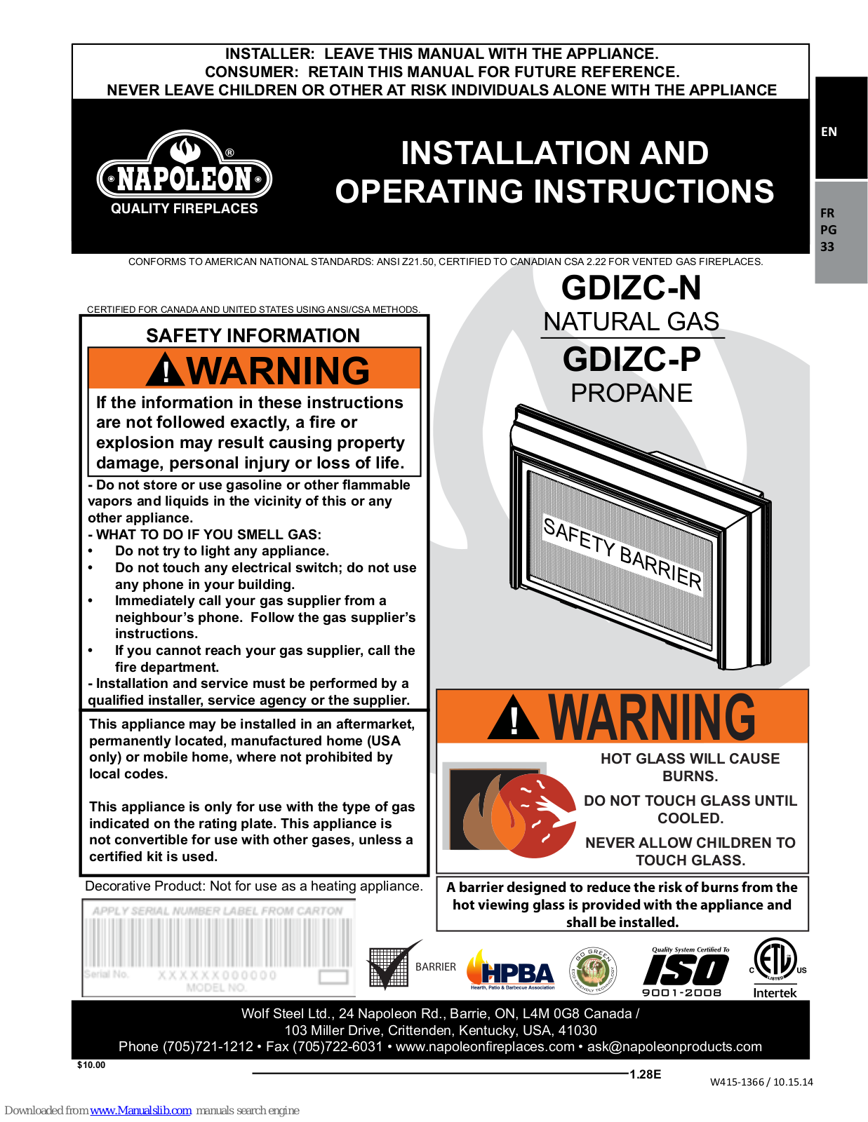 Napoleon GDIZC-N, GDIZC-P Installation And Operating Instructions Manual