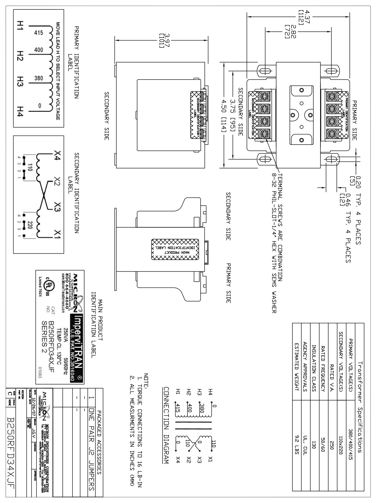 Micron Industries B250RFD34XJF Specification Sheet