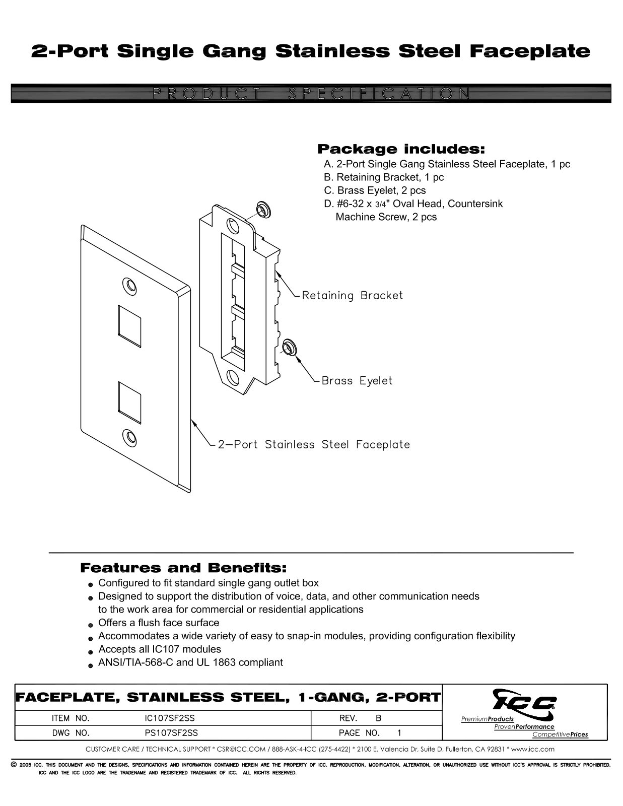 ICC IC107SF2SS Specsheet