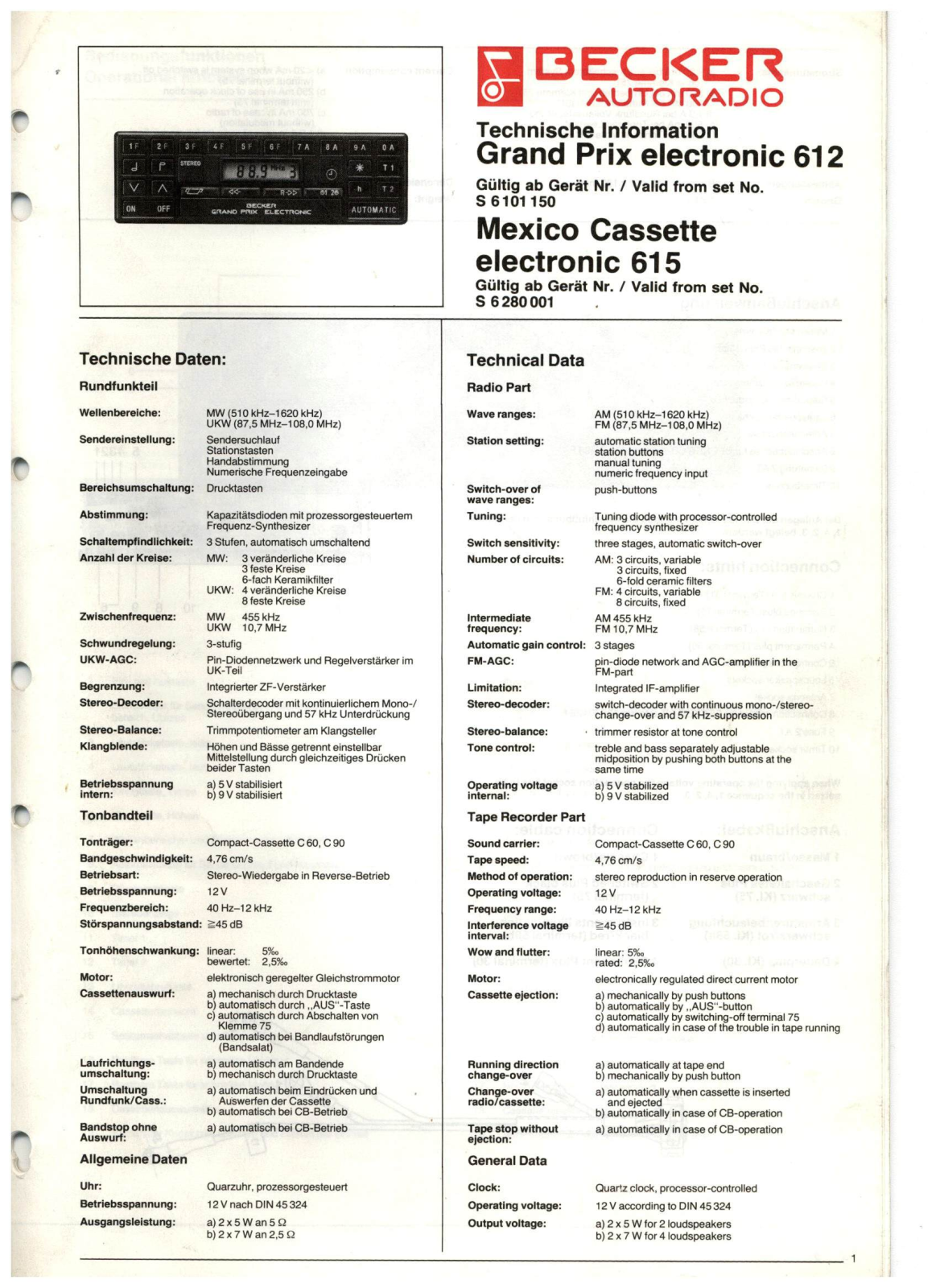 Becker Grand Prix 612, Mexico 615 Service manual