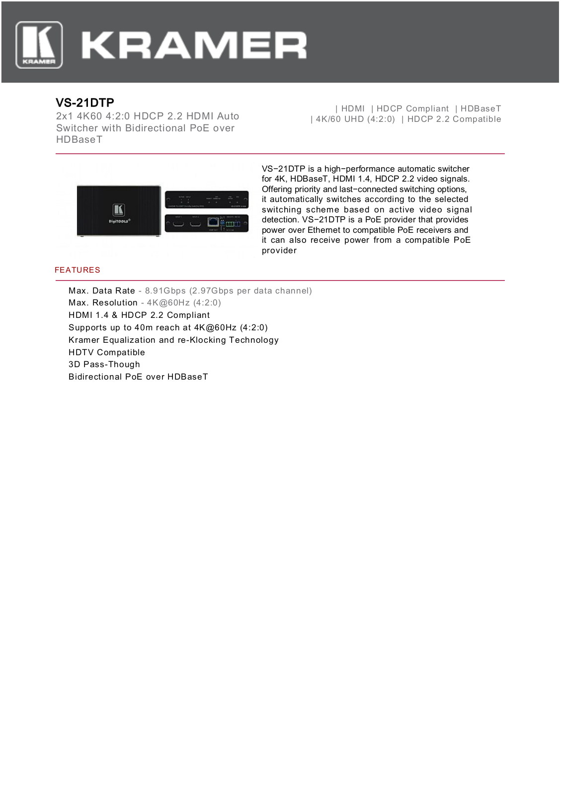 Kramer VS-21DTP Data Sheet