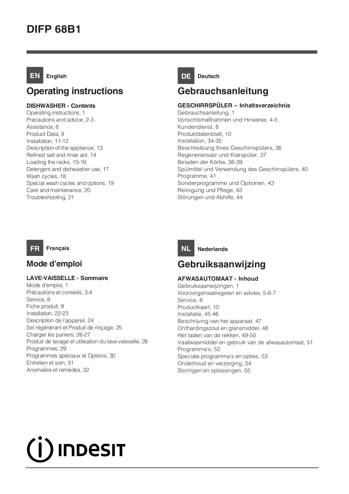 INDESIT DIFP 68B1 A EU User Manual