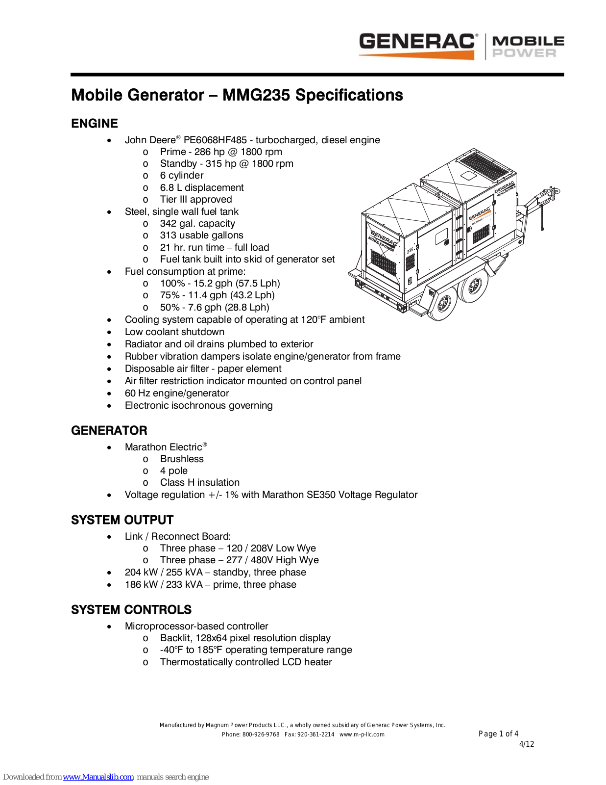 Generac Power Systems Mobile Power MMG235 Specifications