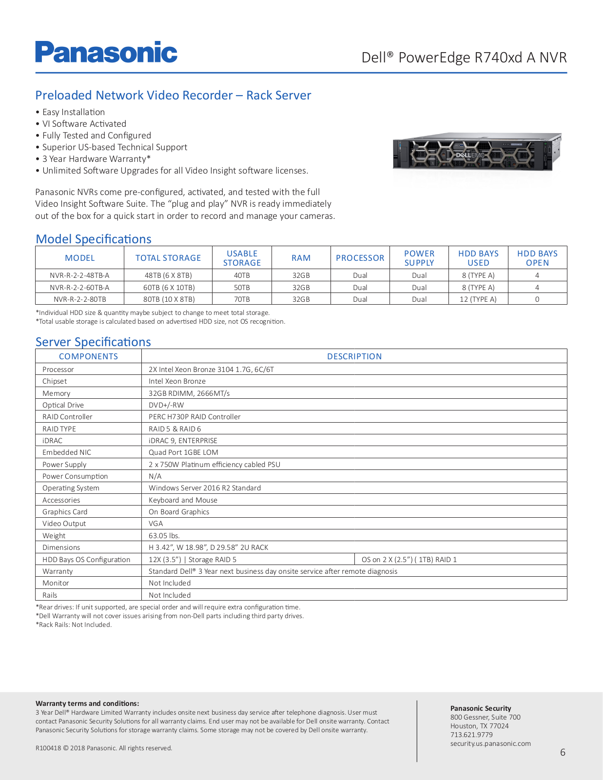 Panasonic NVR-R-2-2-48TB-A, NVR-R-2-2-60TB-A, NVR-R-2-2-80TB Specsheet