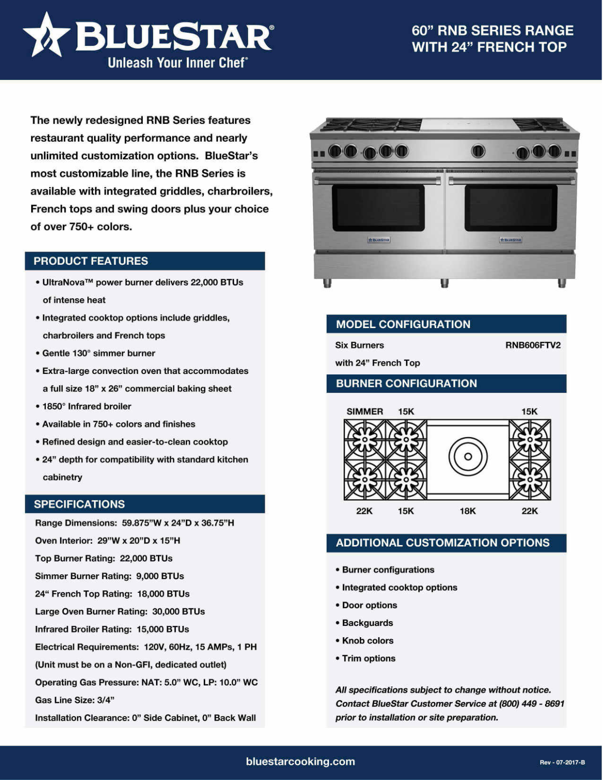 BlueStar RNB606FTV2LCCPLT Specifications